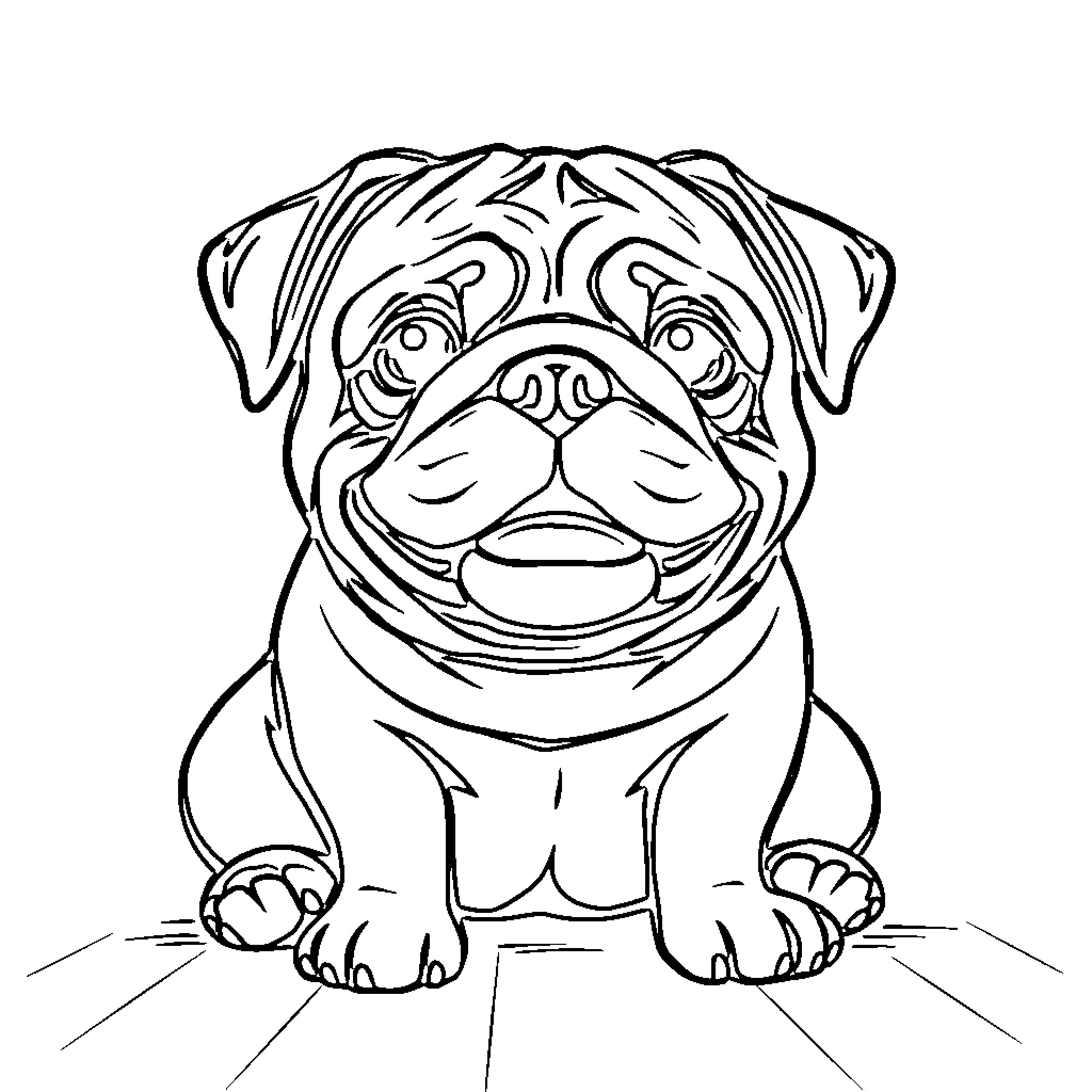 Pug sitting with adorable expression Coloring Page (free black-and-white line drawing printable PDF for all, from beginners to advanced learners, including children, teens, adults, and seniors)
