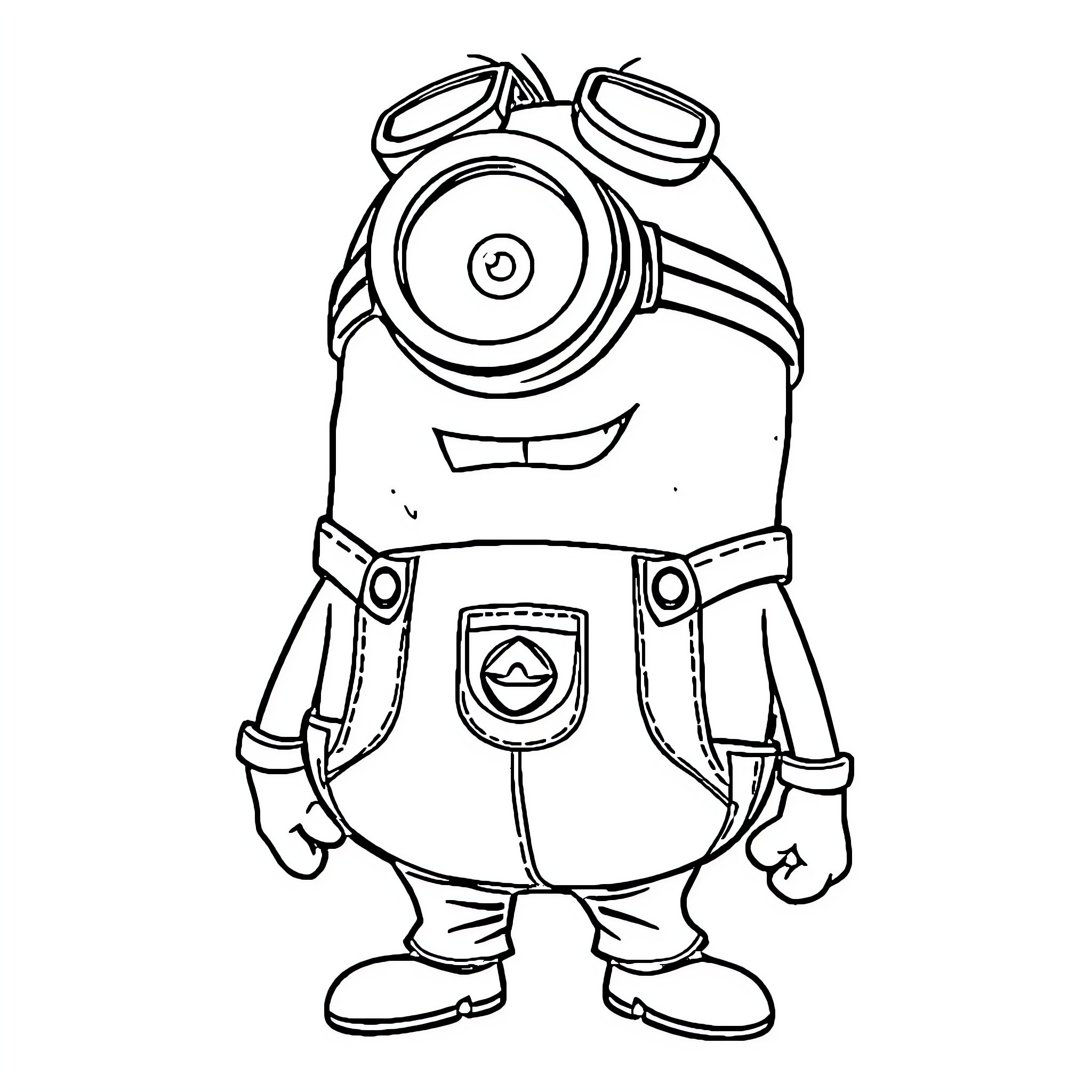 Minion with goggles and overalls in a cheerful pose Coloring Page (free black-and-white line drawing printable PDF for all, from beginners to advanced learners, including children, teens, adults, and seniors)