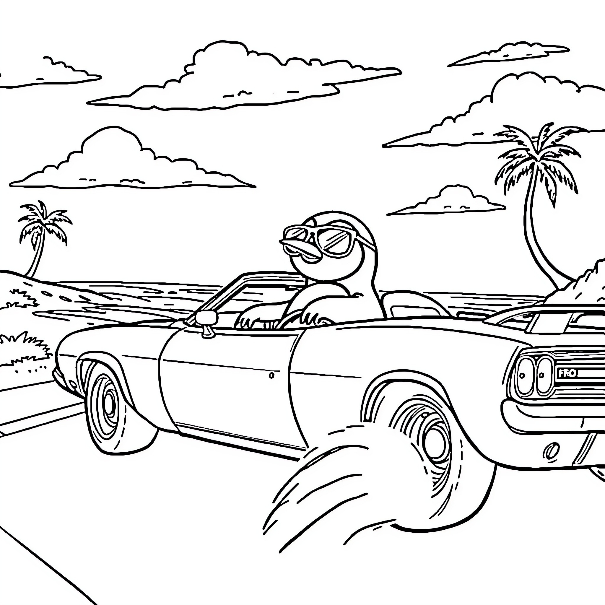 Penguin enjoying a convertible ride in the tropics Coloring Page (free black-and-white line drawing printable PDF for all, from beginners to advanced learners, including children, teens, adults, and seniors)