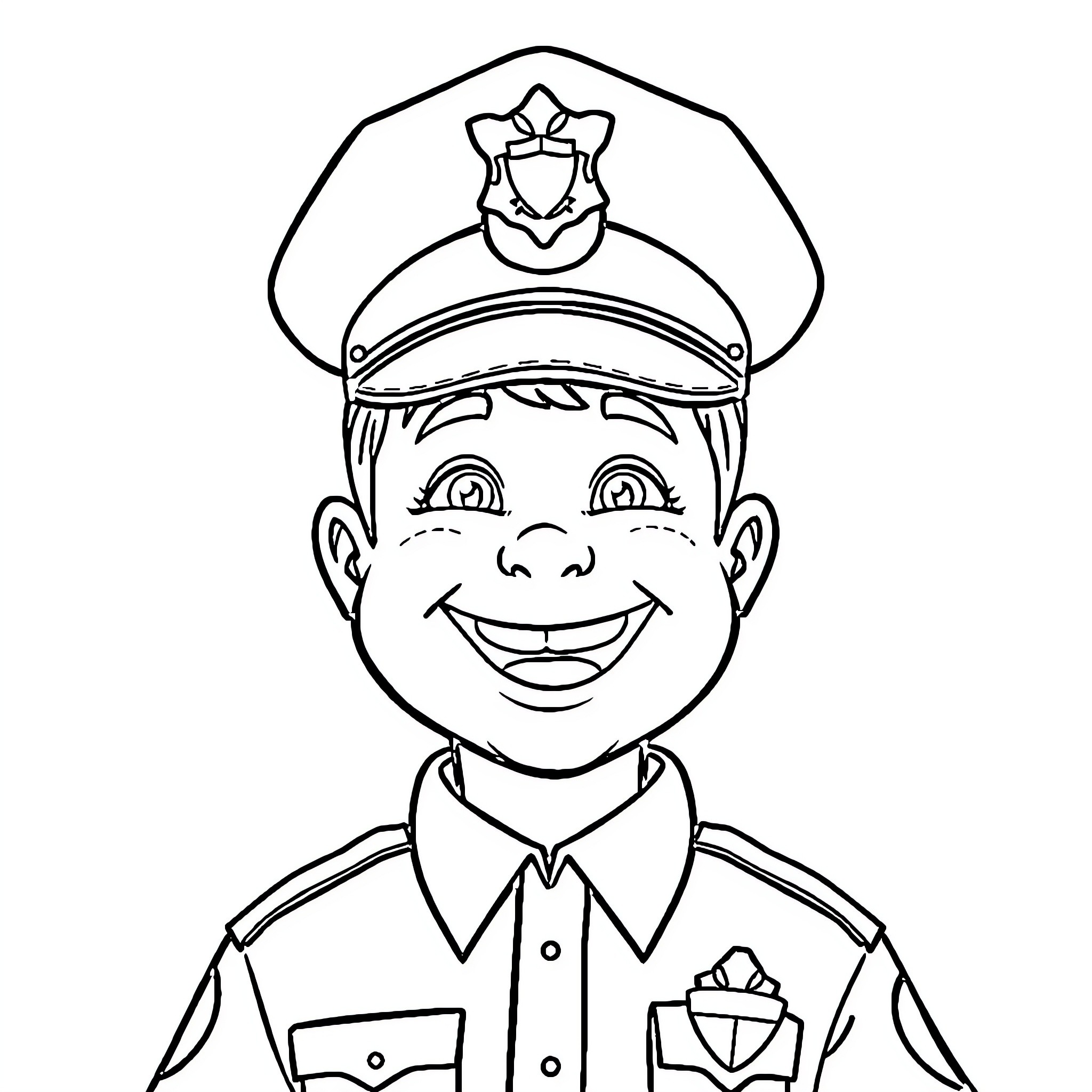 Police Officer with Cheerful Expression Coloring Page (free black-and-white line drawing printable PDF for all, from beginners to advanced learners, including children, teens, adults, and seniors)