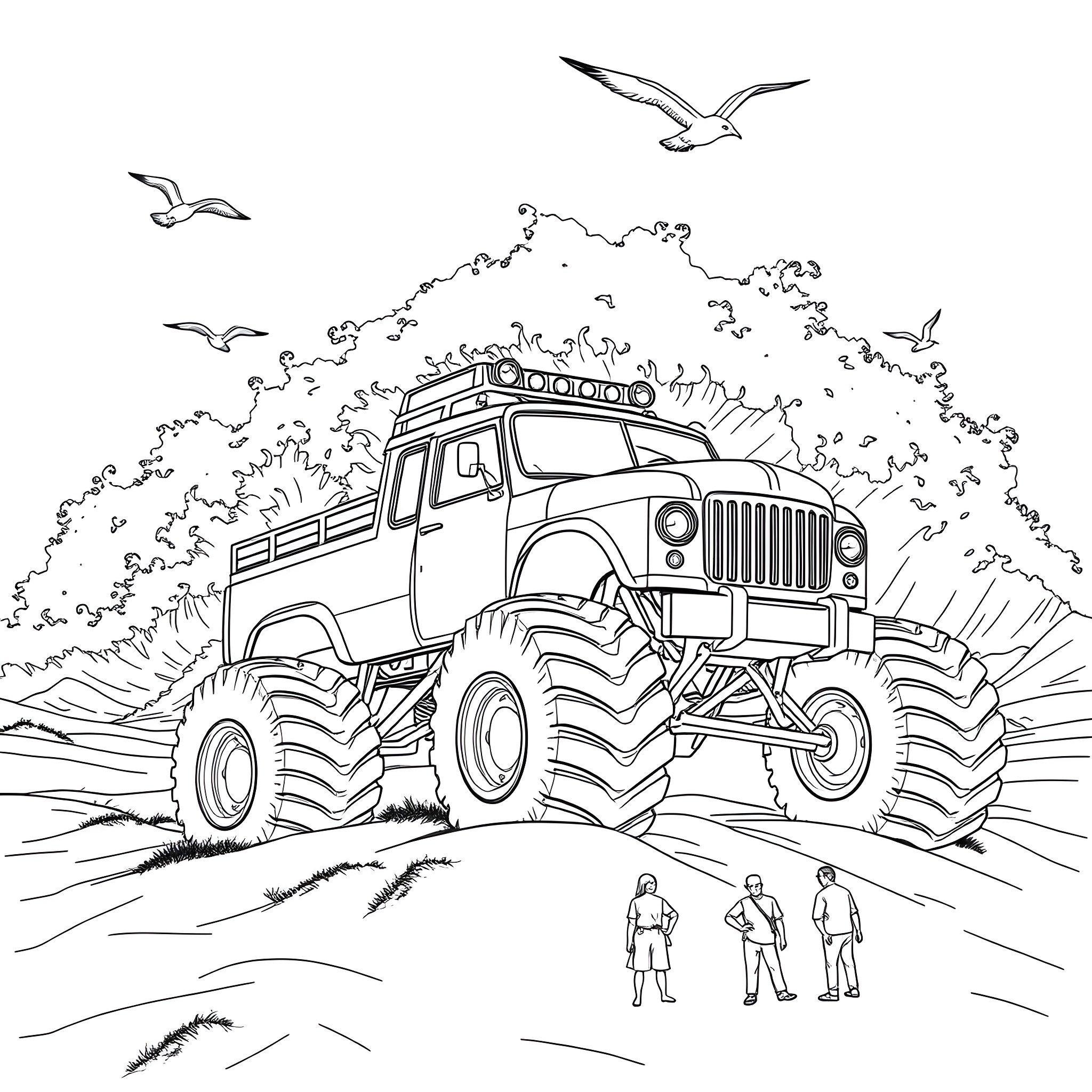 Bigfoot Monster Truck Roams the Wilderness Coloring Page (free black-and-white line drawing printable PDF for all, from beginners to advanced learners, including children, teens, adults, and seniors)