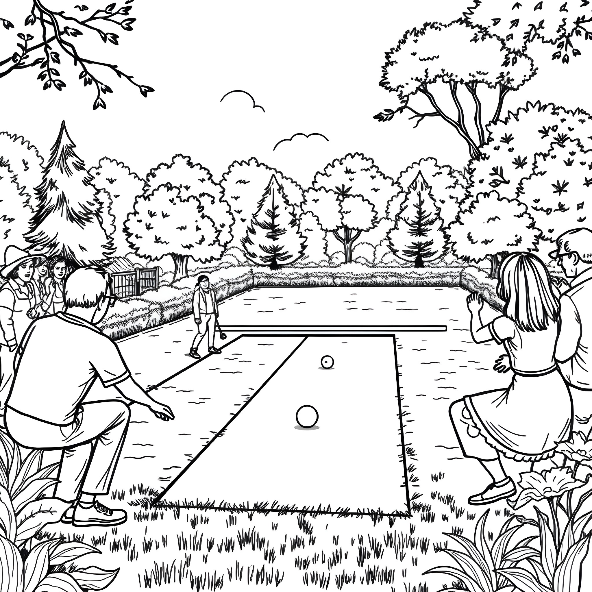 Bowling in the Serene Outdoor Setting Coloring Page (free black-and-white line drawing printable PDF for all, from beginners to advanced learners, including children, teens, adults, and seniors)