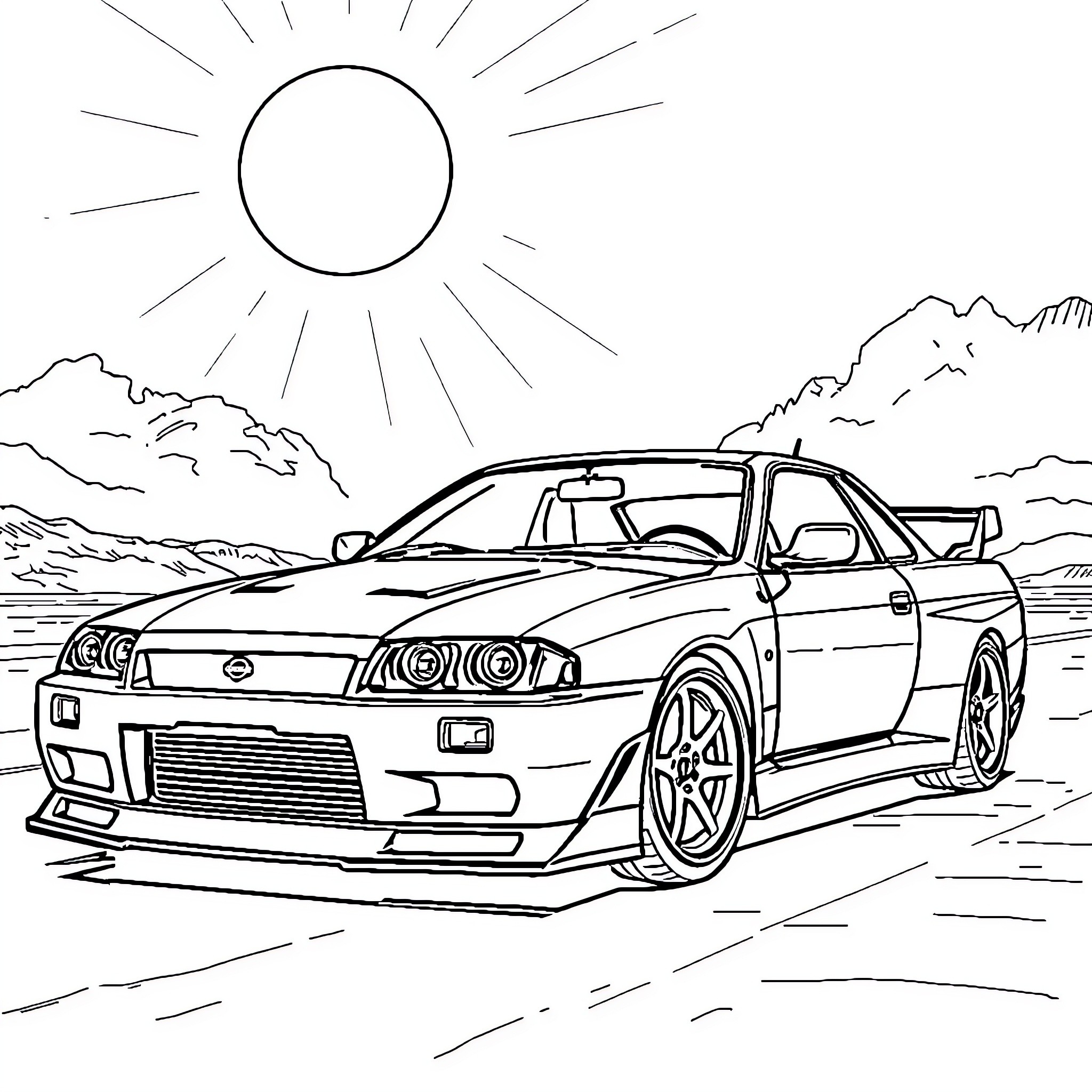 Nissan Skyline sports car in desert landscape Coloring Page (free black-and-white line drawing printable PDF for all, from beginners to advanced learners, including children, teens, adults, and seniors)