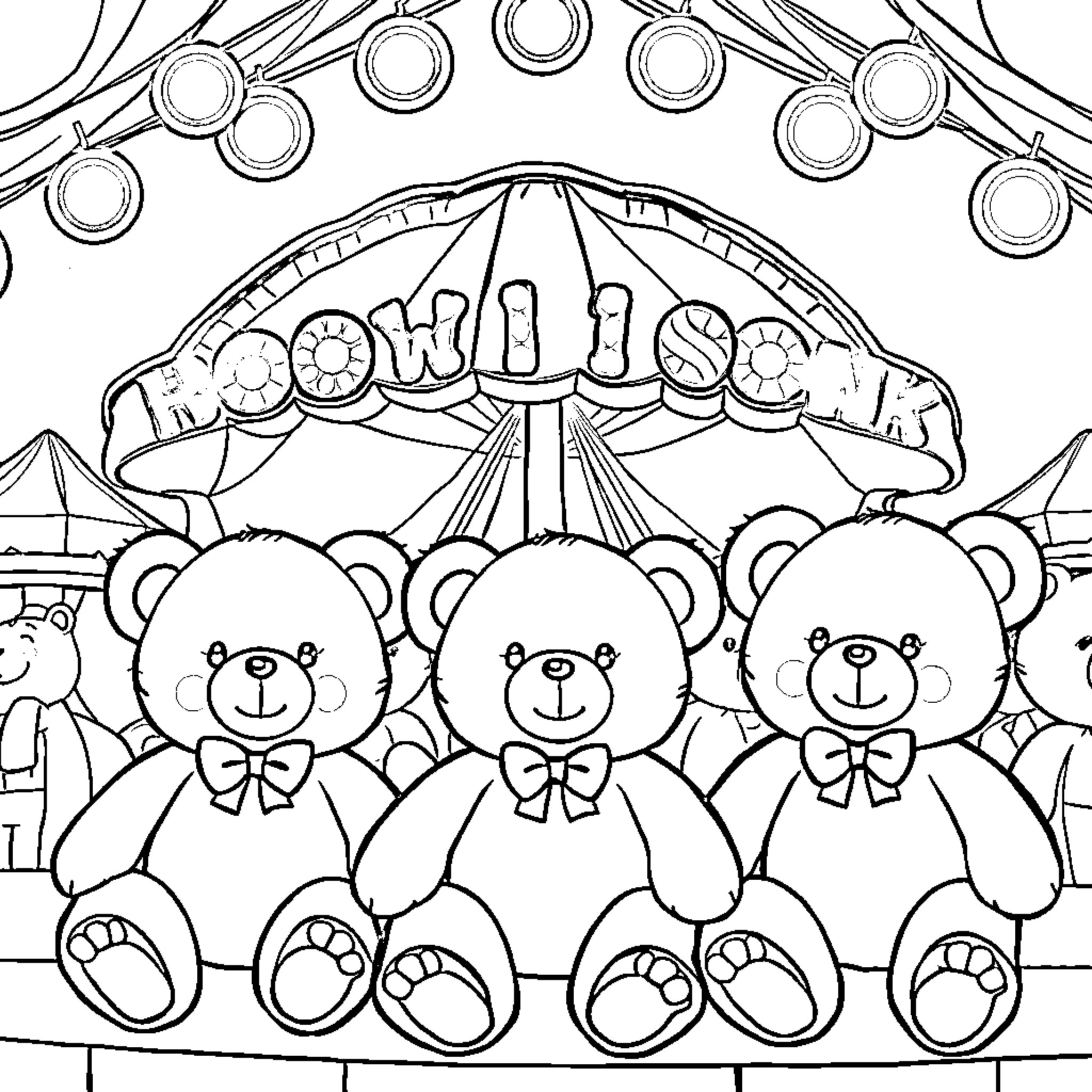 Teddy Bears Enjoying the Carnival Ride Coloring Page (free black-and-white line drawing printable PDF for all, from beginners to advanced learners, including children, teens, adults, and seniors)