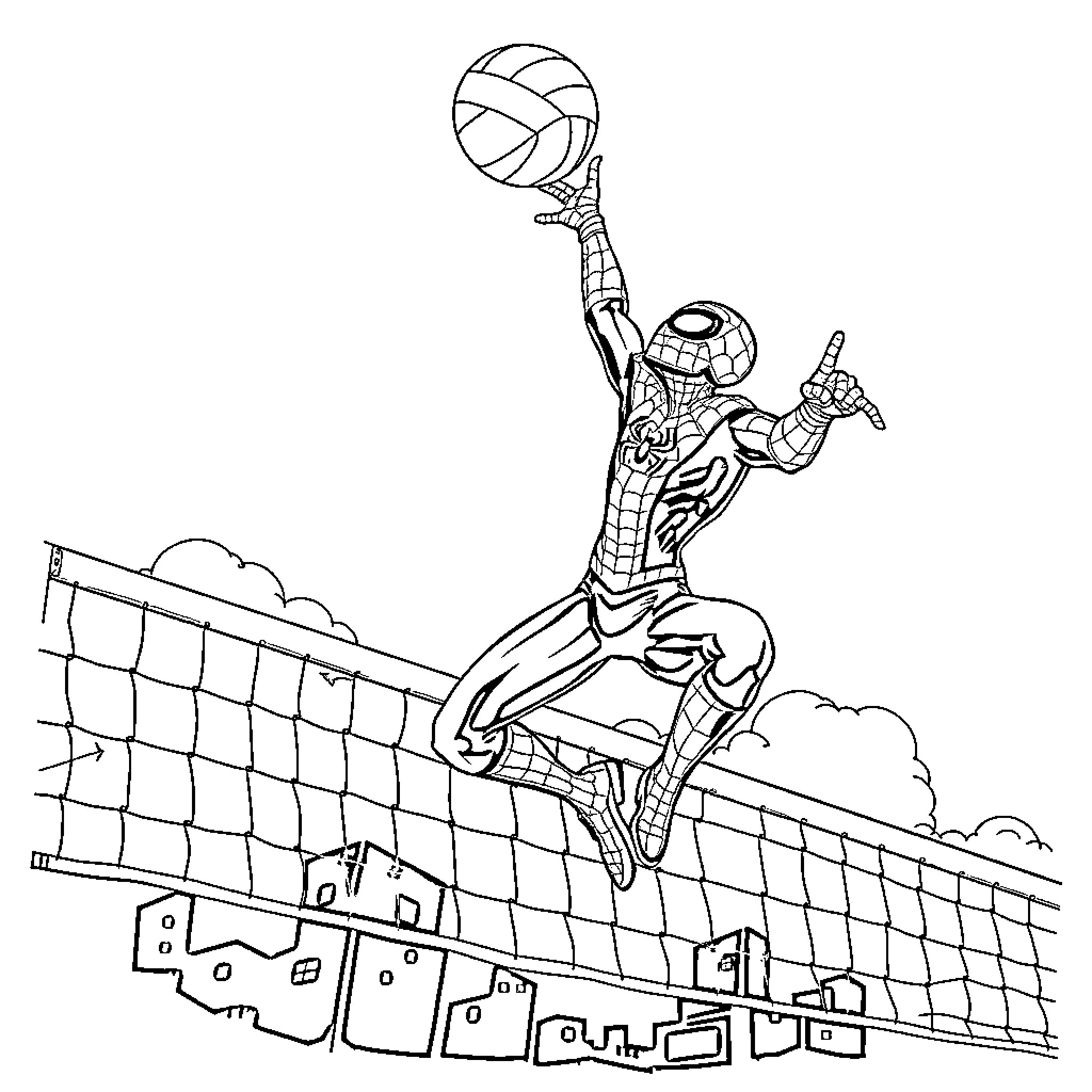 Spiderman playing volleyball on rooftop Coloring Page (free black-and-white line drawing printable PDF for all, from beginners to advanced learners, including children, teens, adults, and seniors)