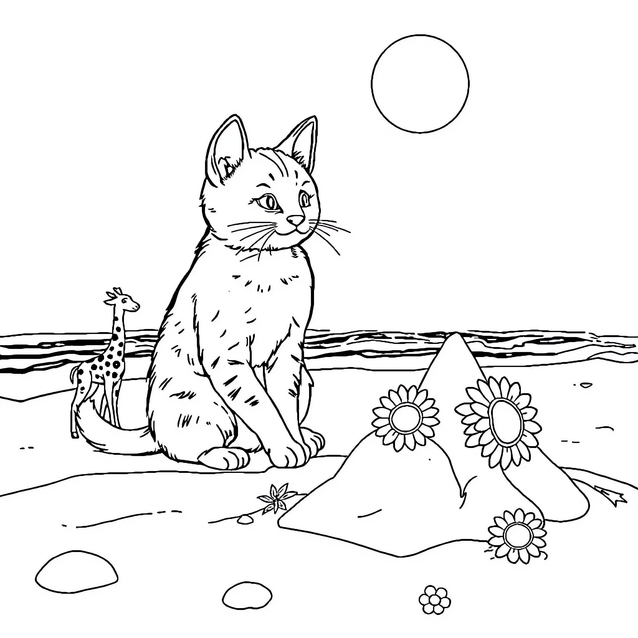 Gato observes serene nature scene Coloring Page (free black-and-white line drawing printable PDF for all, from beginners to advanced learners, including children, teens, adults, and seniors)