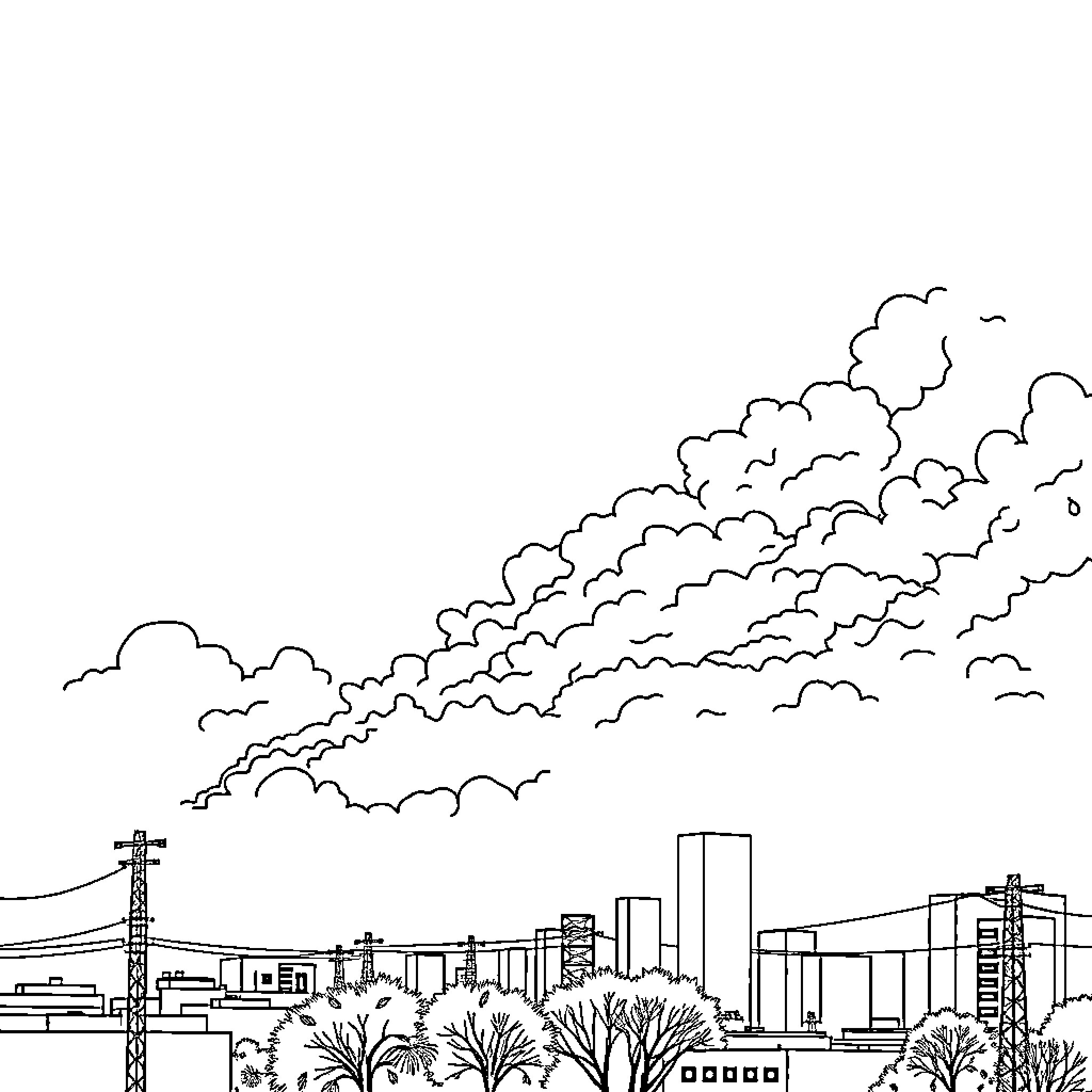 Air Pollution Clouds Obscuring City Skyline Coloring Page (free black-and-white line drawing printable PDF for all, from beginners to advanced learners, including children, teens, adults, and seniors)