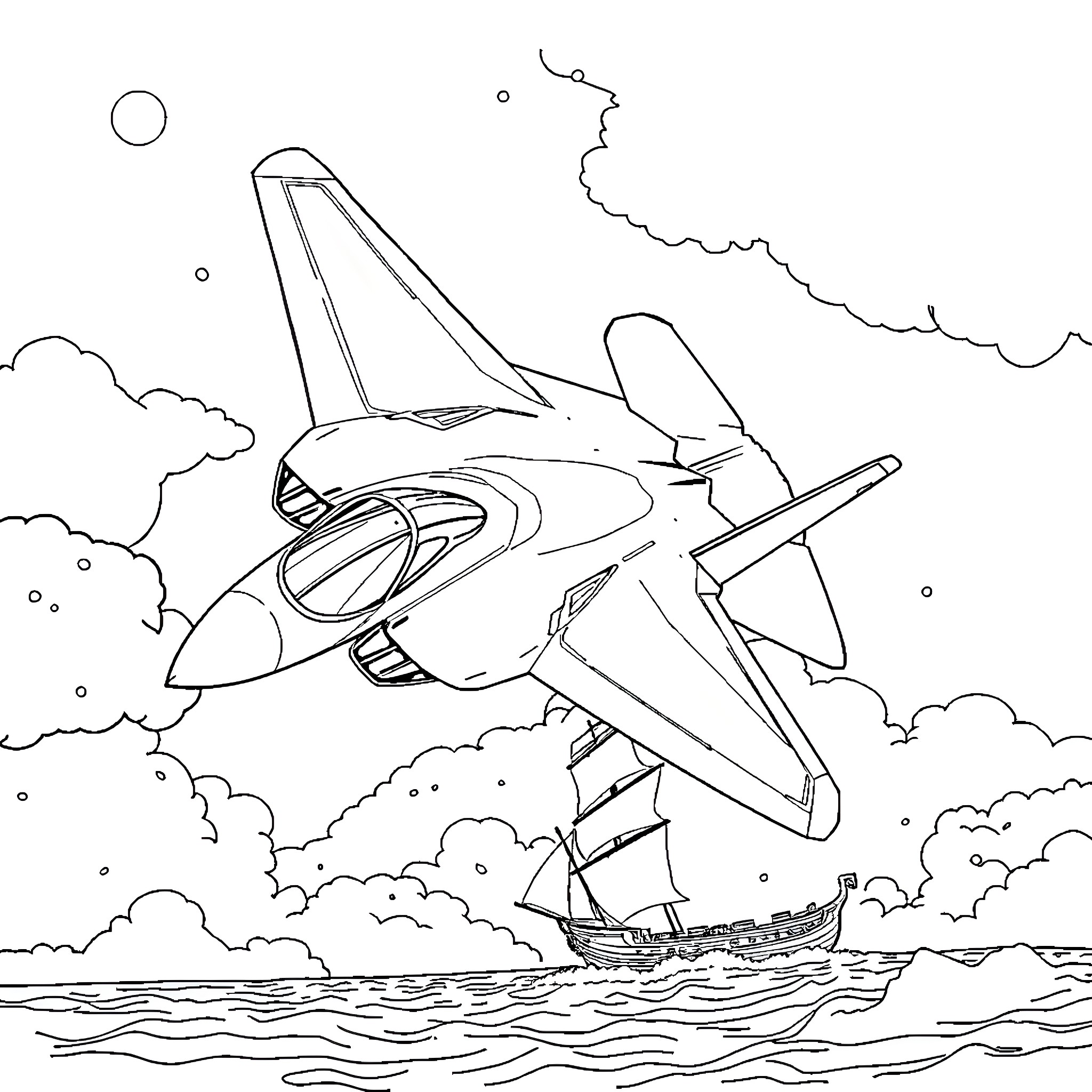 F-35C Jet Soaring Over Stormy Seas Coloring Page (free black-and-white line drawing printable PDF for all, from beginners to advanced learners, including children, teens, adults, and seniors)