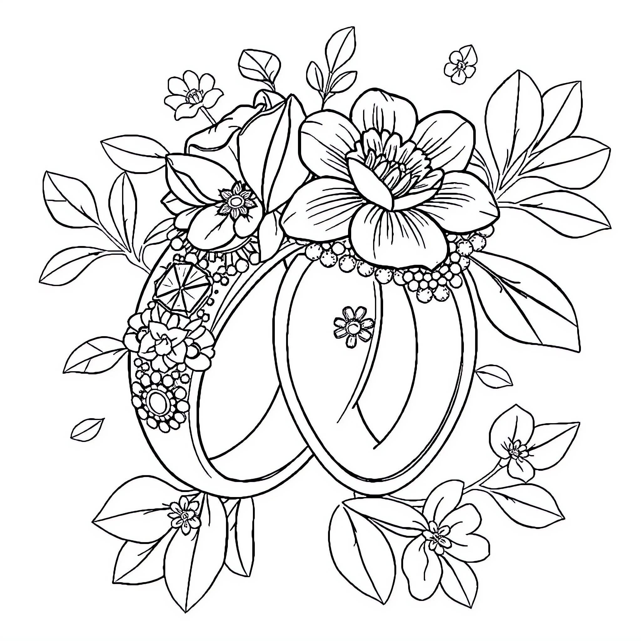 Ring of Floral Blossoms and Leaves Coloring Page (free black-and-white line drawing printable PDF for all, from beginners to advanced learners, including children, teens, adults, and seniors)