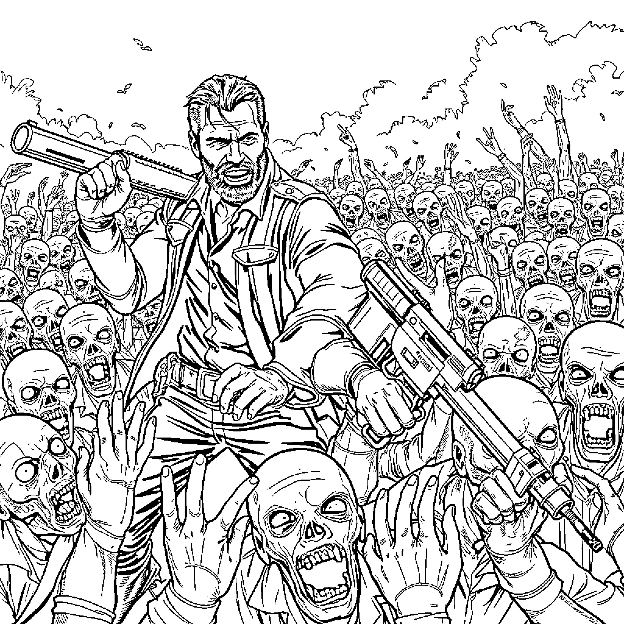 Rick Battles Zombies with Guns and Determination Coloring Page (free black-and-white line drawing printable PDF for all, from beginners to advanced learners, including children, teens, adults, and seniors)