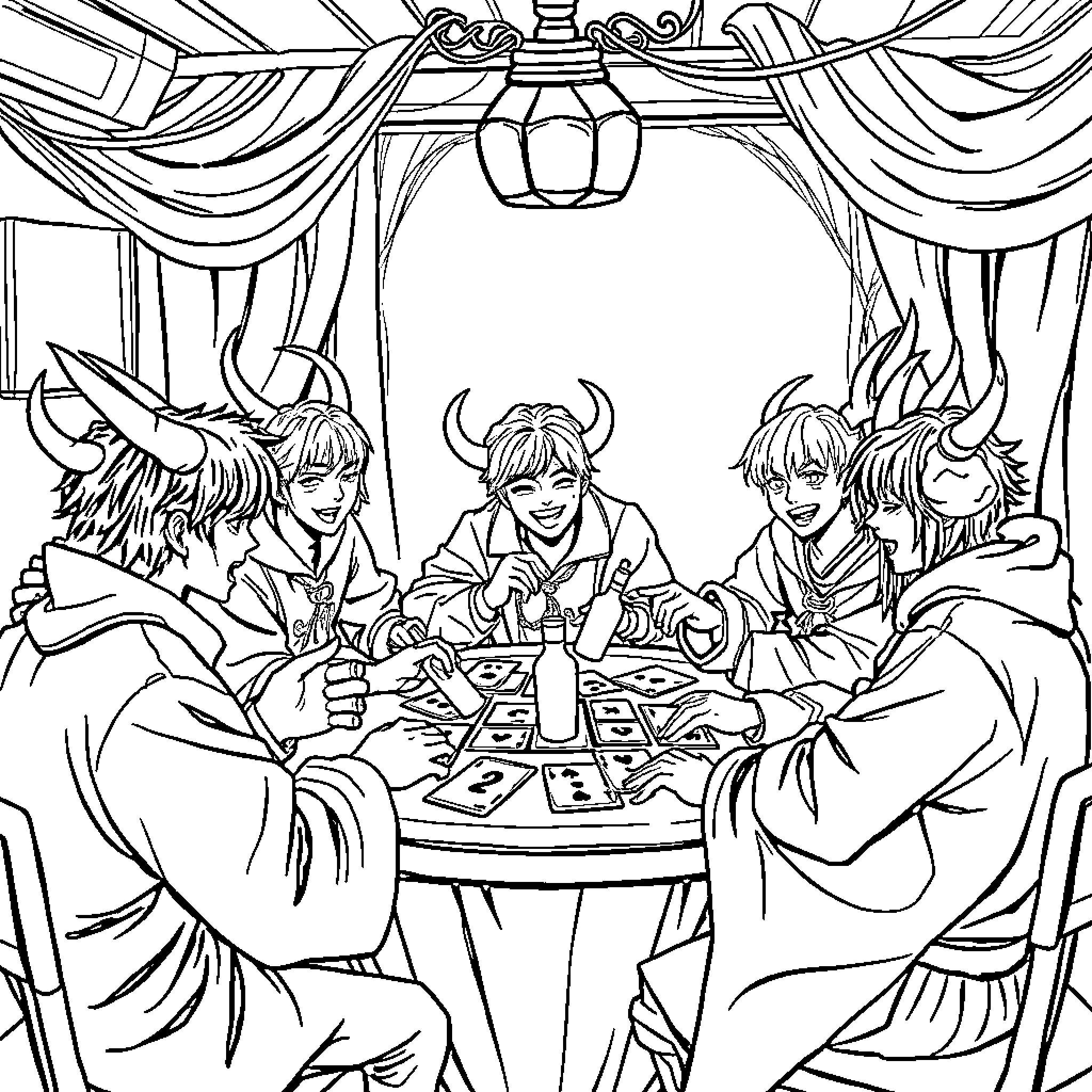 K-POP Demon Hunters Engage in Mystical Card Game Coloring Page (free black-and-white line drawing printable PDF for all, from beginners to advanced learners, including children, teens, adults, and seniors)