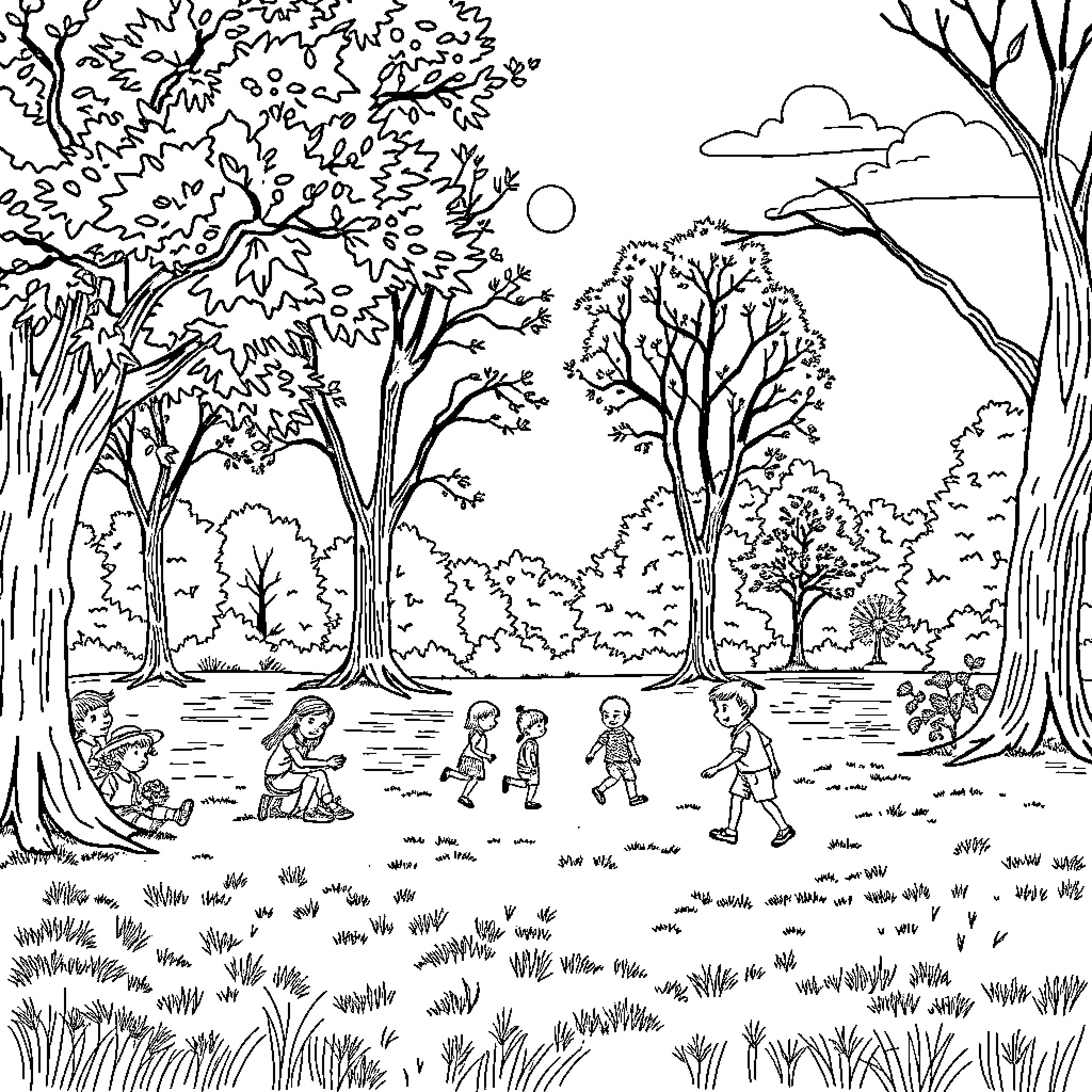 Wednesday children's adventure in the forest Coloring Page (free black-and-white line drawing printable PDF for all, from beginners to advanced learners, including children, teens, adults, and seniors)