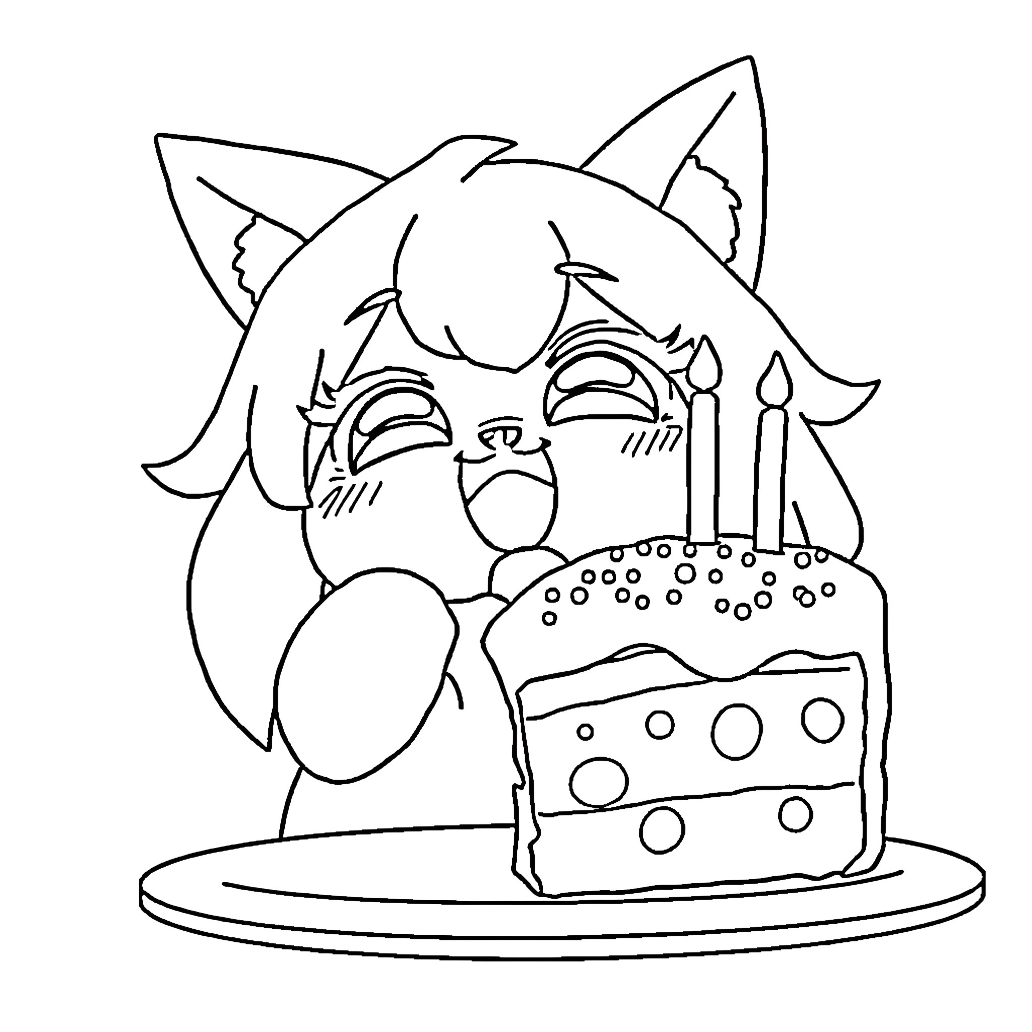 Kuromi enjoying a delicious cake Coloring Page (free black-and-white line drawing printable PDF for all, from beginners to advanced learners, including children, teens, adults, and seniors)