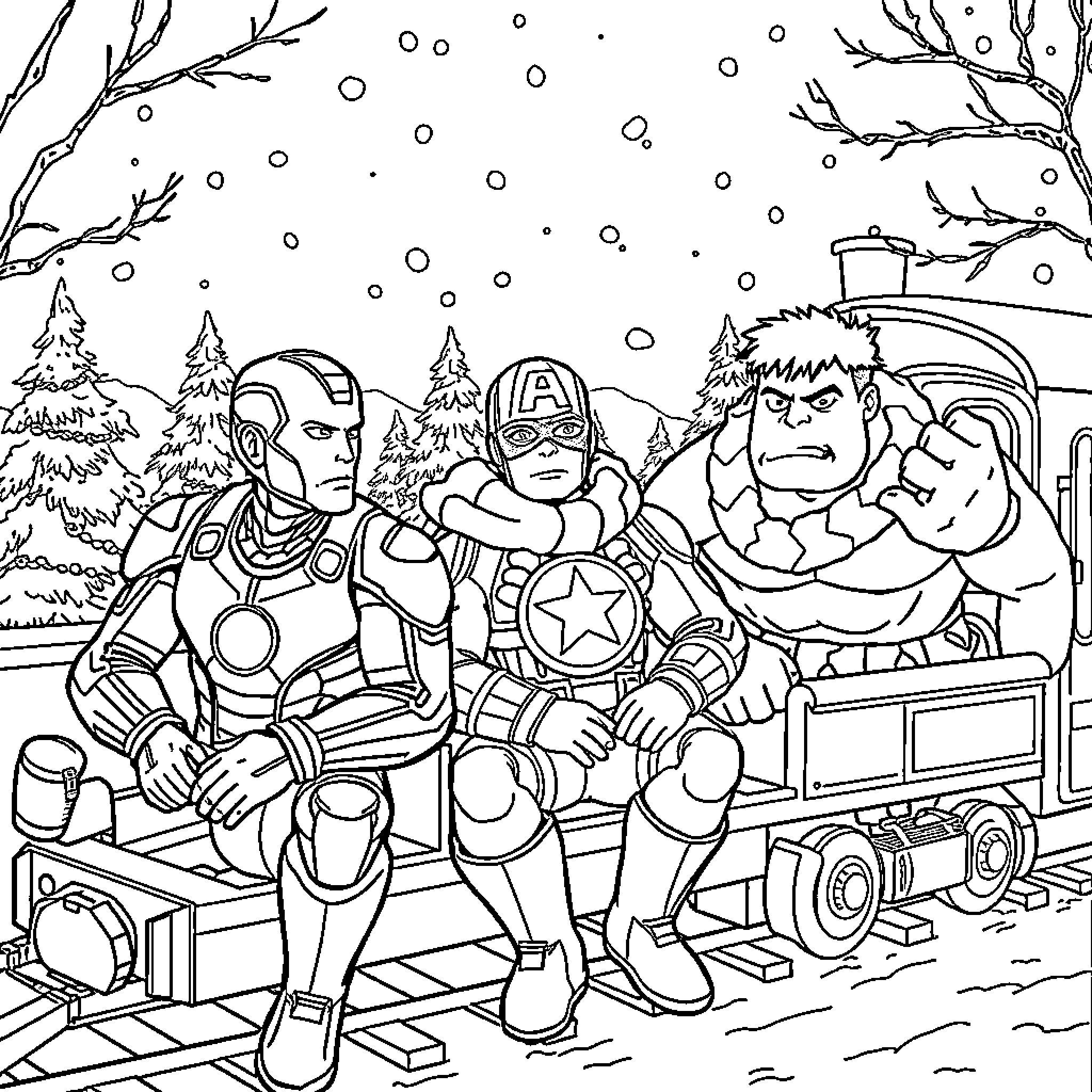 Ironman, Captain America, and Hulk in Snowy Winter Wonderland Coloring Page (free black-and-white line drawing printable PDF for all, from beginners to advanced learners, including children, teens, adults, and seniors)