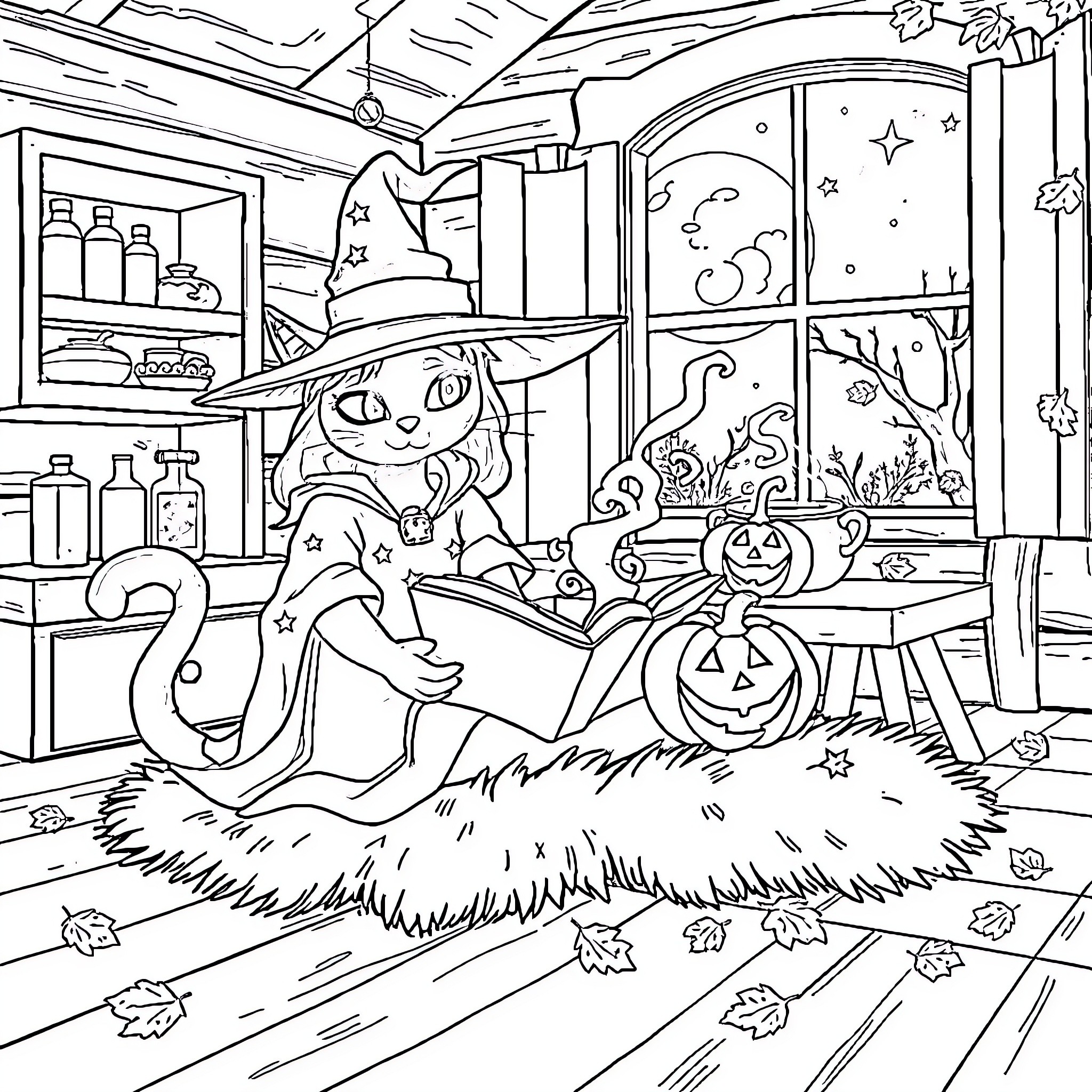 Cat Witch Resting in Cozy Halloween Scene Coloring Page (free black-and-white line drawing printable PDF for all, from beginners to advanced learners, including children, teens, adults, and seniors)