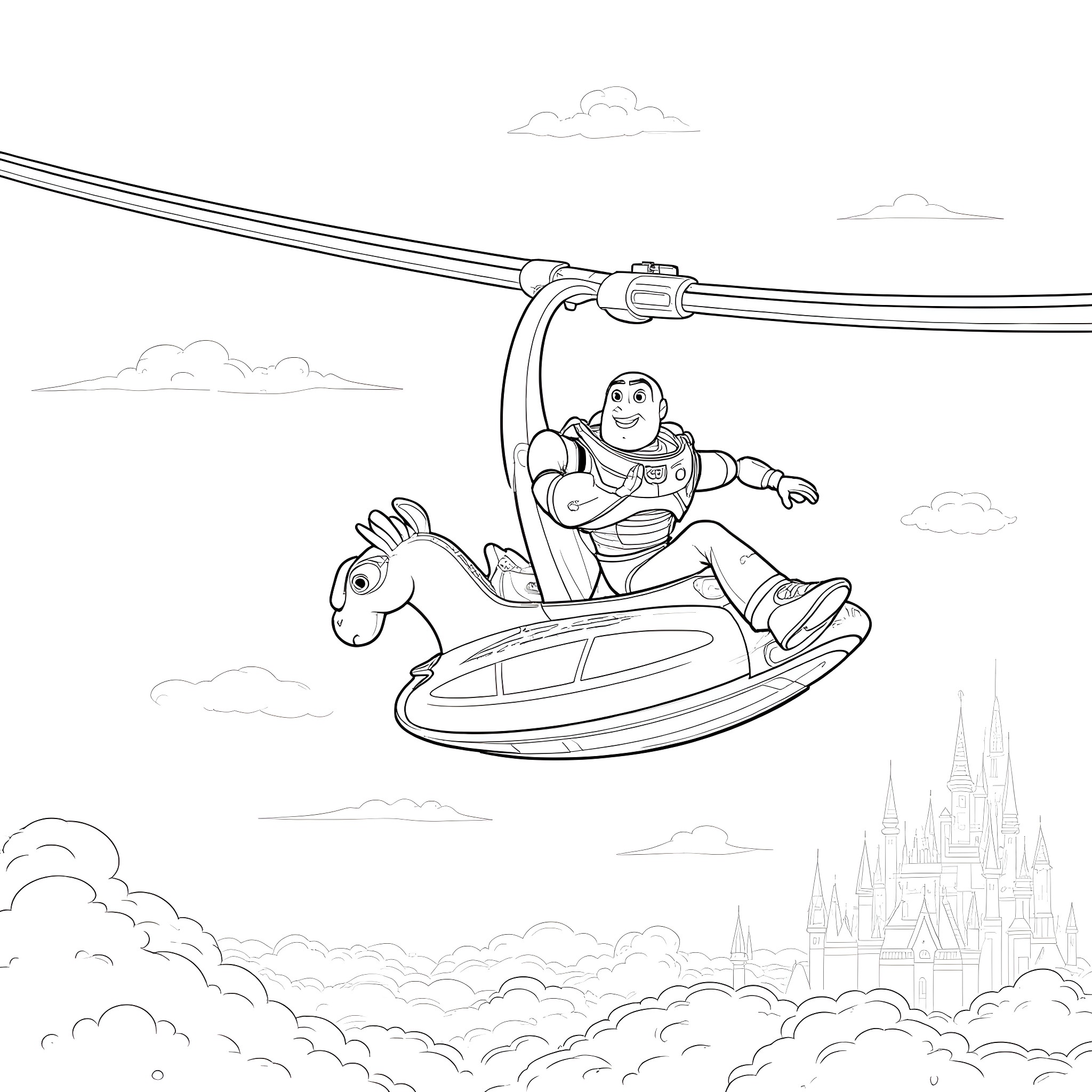 Buzz Lightyear soaring through the sky on a thrilling ride Coloring Page (free black-and-white line drawing printable PDF for all, from beginners to advanced learners, including children, teens, adults, and seniors)