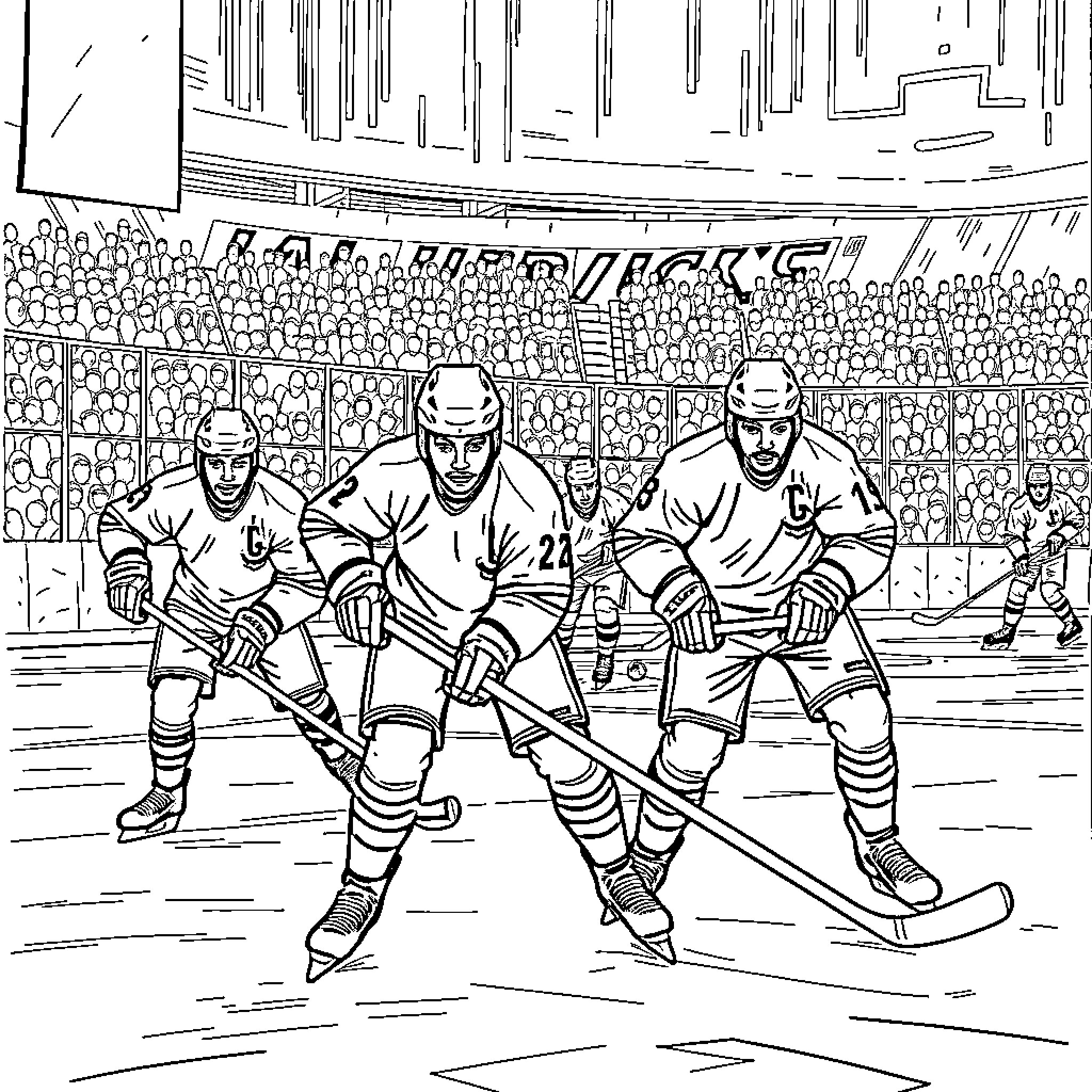 Hockey players competing on the ice rink Coloring Page (free black-and-white line drawing printable PDF for all, from beginners to advanced learners, including children, teens, adults, and seniors)
