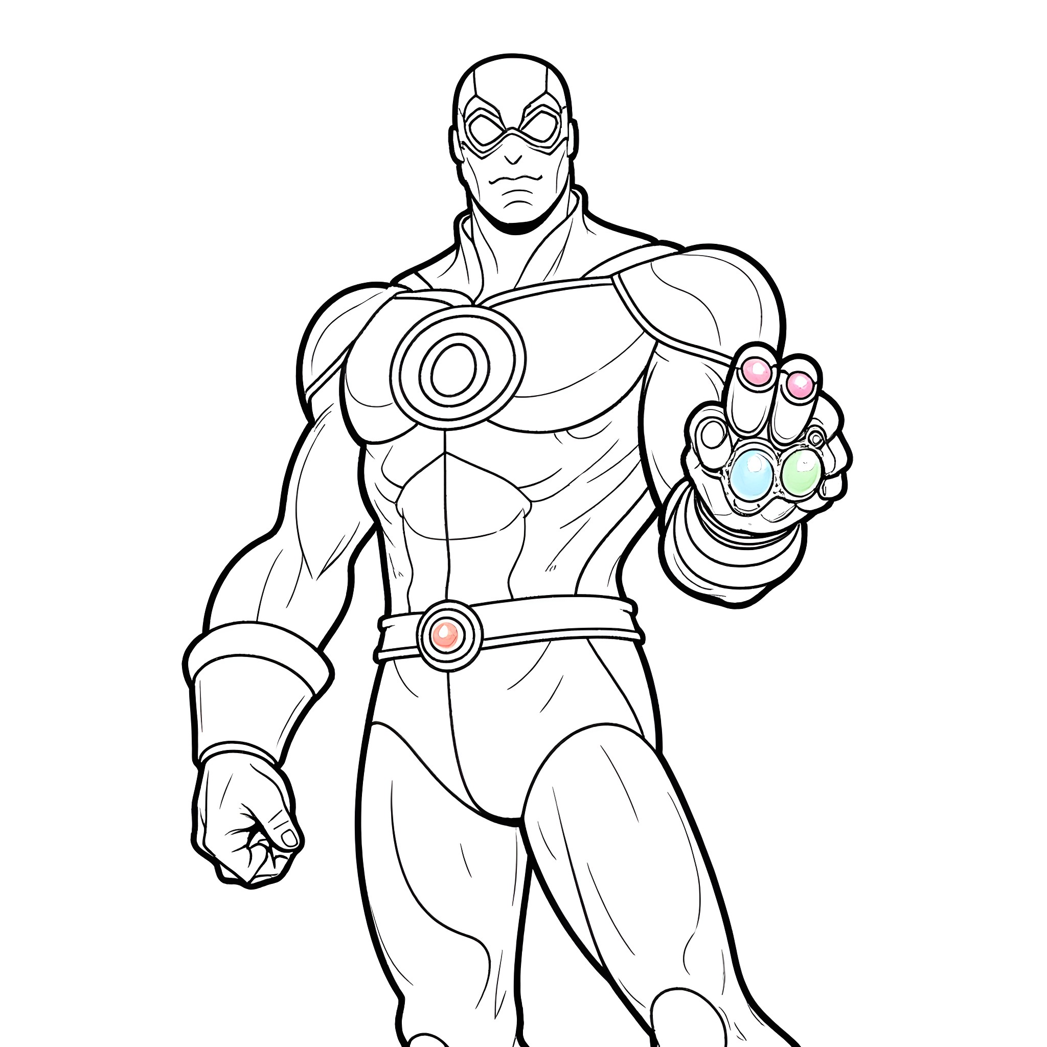 Captain Planet Wielding Powerful Energy Gauntlet Coloring Page (free black-and-white line drawing printable PDF for all, from beginners to advanced learners, including children, teens, adults, and seniors)