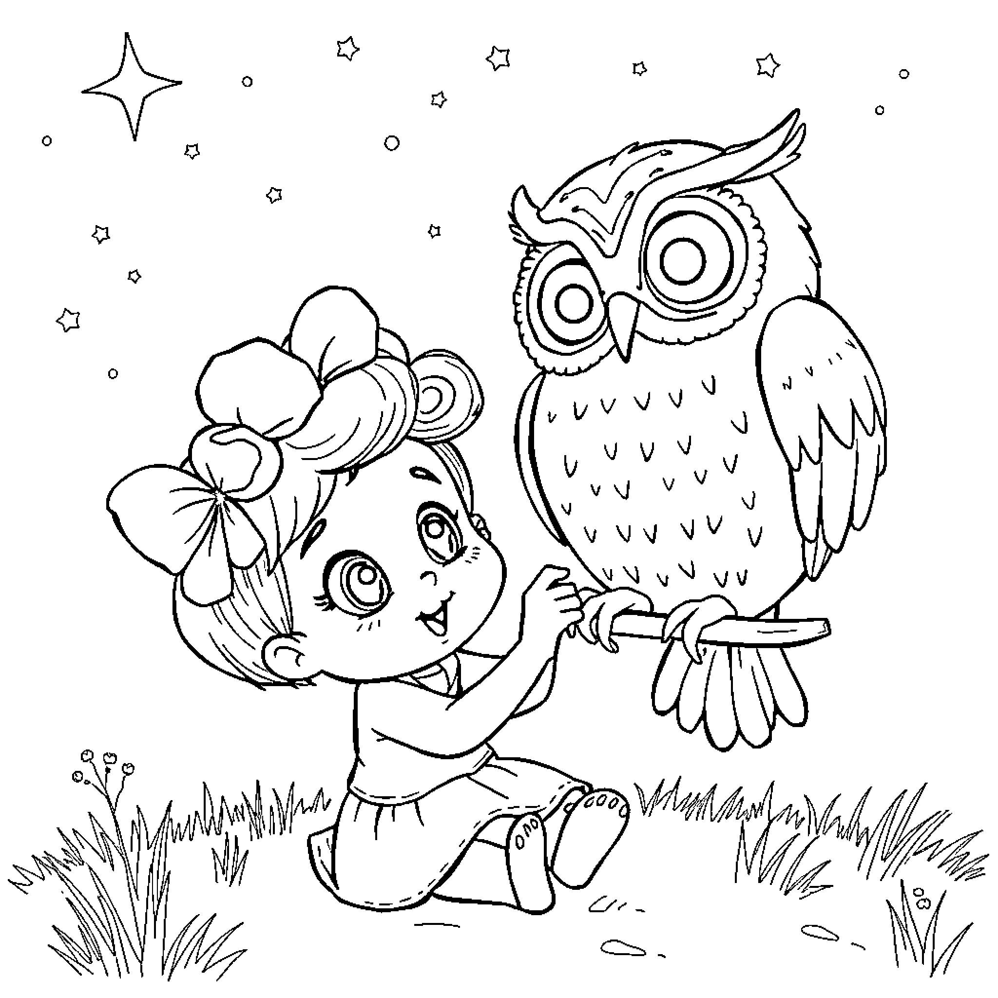 Lechuza with Magical Creature in Starry Night Coloring Page (free black-and-white line drawing printable PDF for all, from beginners to advanced learners, including children, teens, adults, and seniors)
