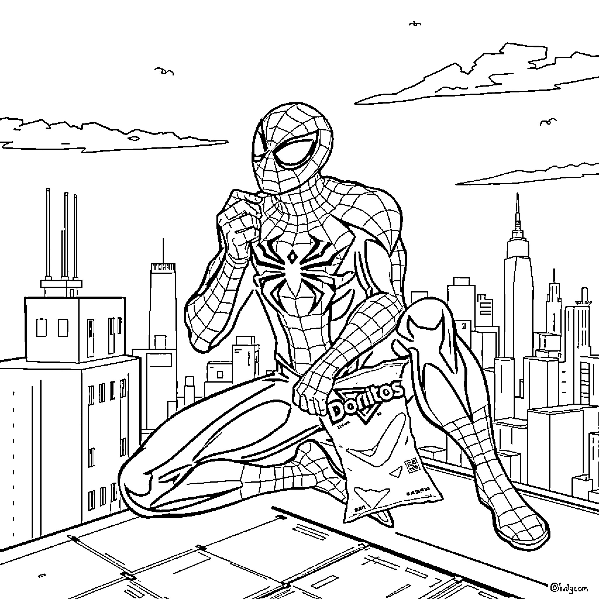 Spider-Man Standing on Building Rooftop Coloring Page (free black-and-white line drawing printable PDF for all, from beginners to advanced learners, including children, teens, adults, and seniors)