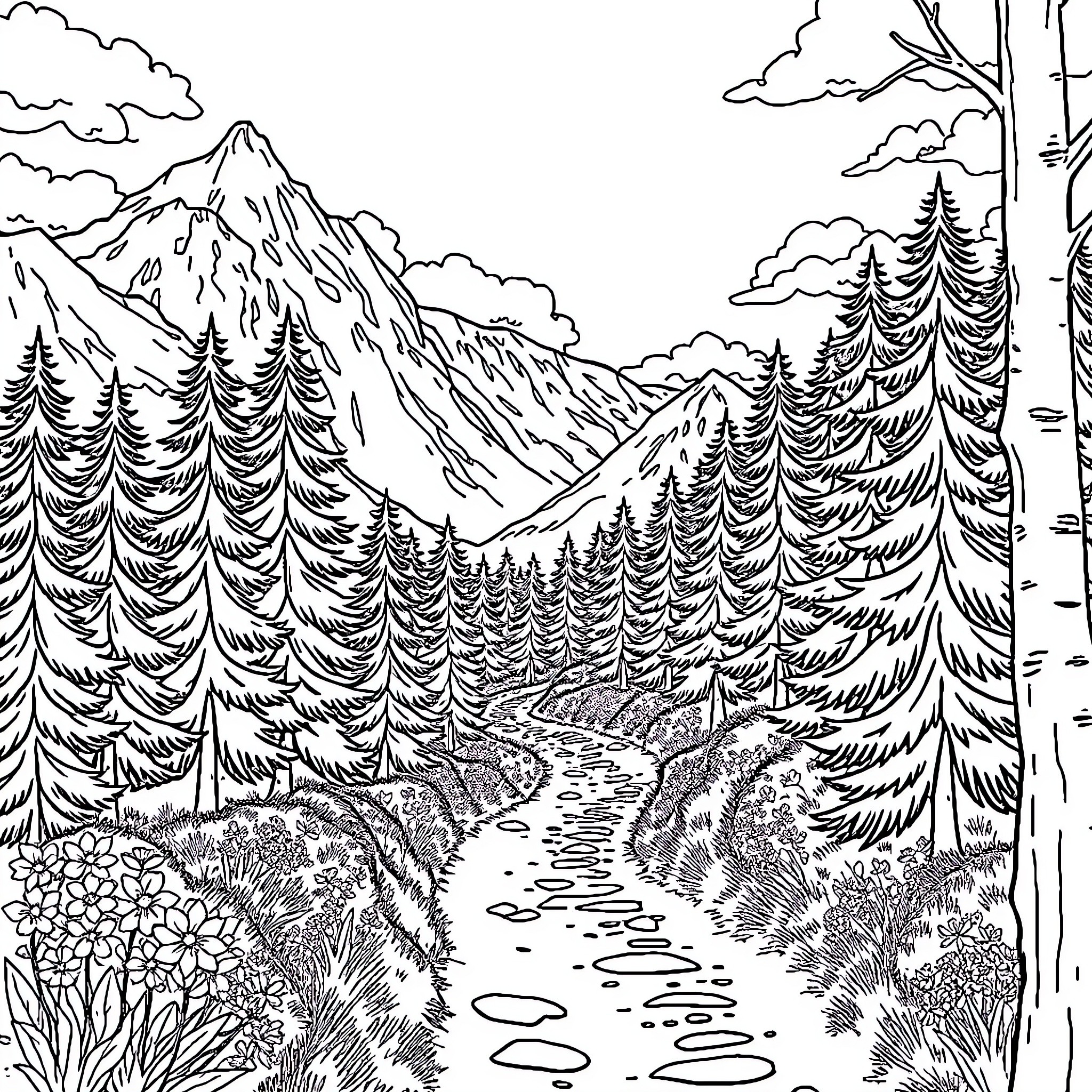 Hiking Landscape with Mountainous Terrain and Forested Trails Coloring Page (free black-and-white line drawing printable PDF for all, from beginners to advanced learners, including children, teens, adults, and seniors)
