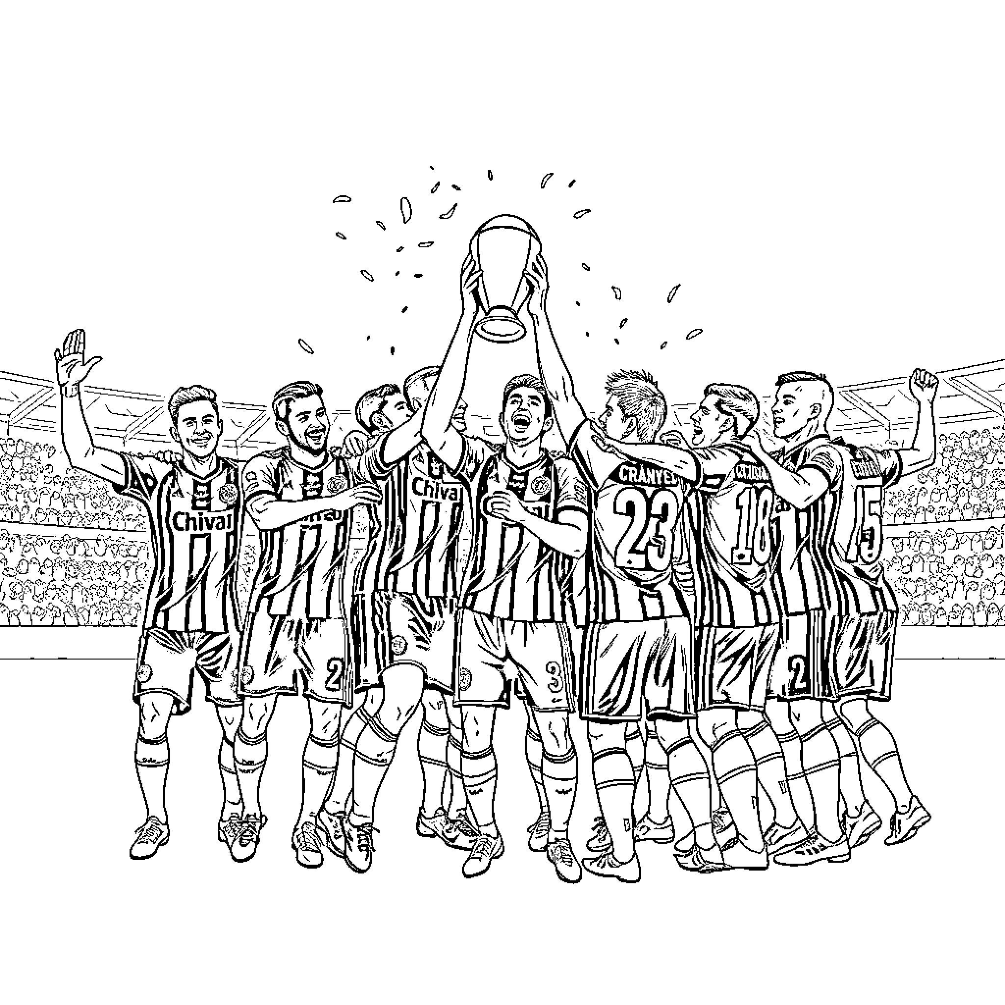 Chivas team celebrates winning championship Coloring Page (free black-and-white line drawing printable PDF for all, from beginners to advanced learners, including children, teens, adults, and seniors)