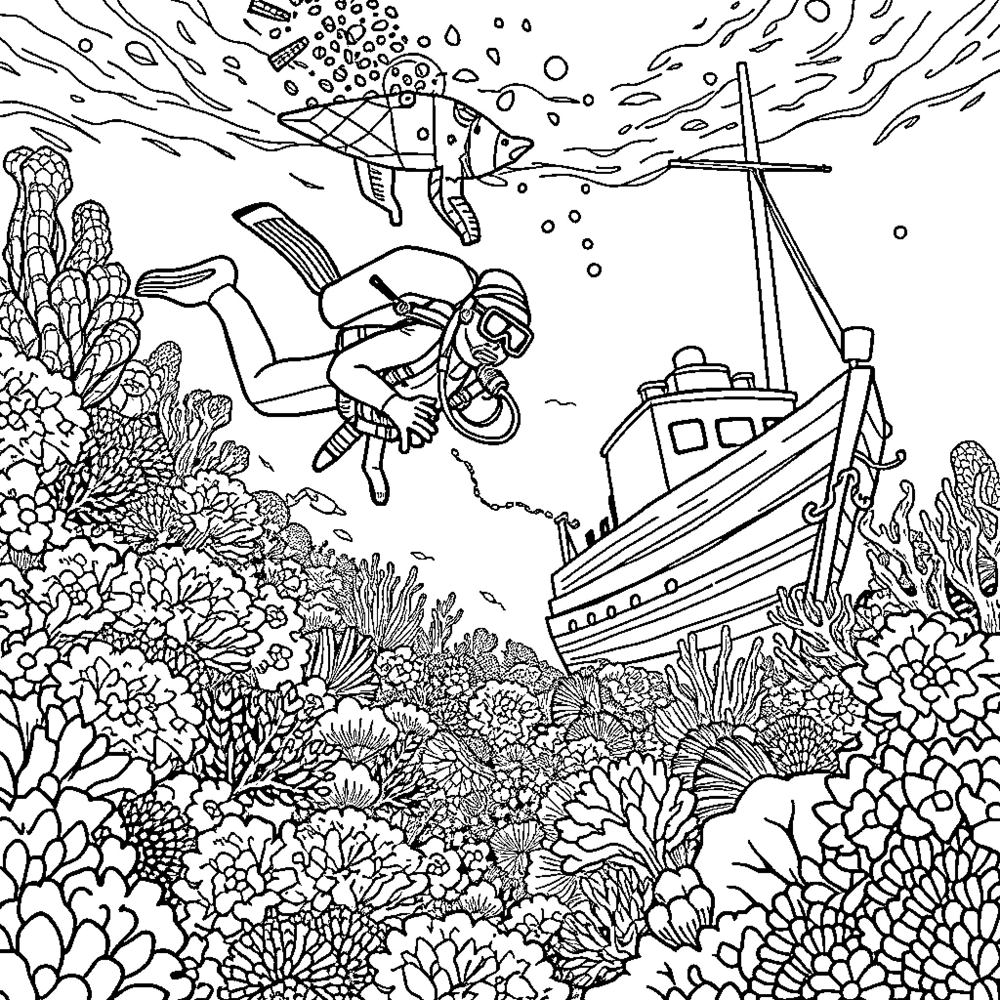 Scuba Divers Exploring the Underwater Coral Reef Coloring Page (free black-and-white line drawing printable PDF for all, from beginners to advanced learners, including children, teens, adults, and seniors)