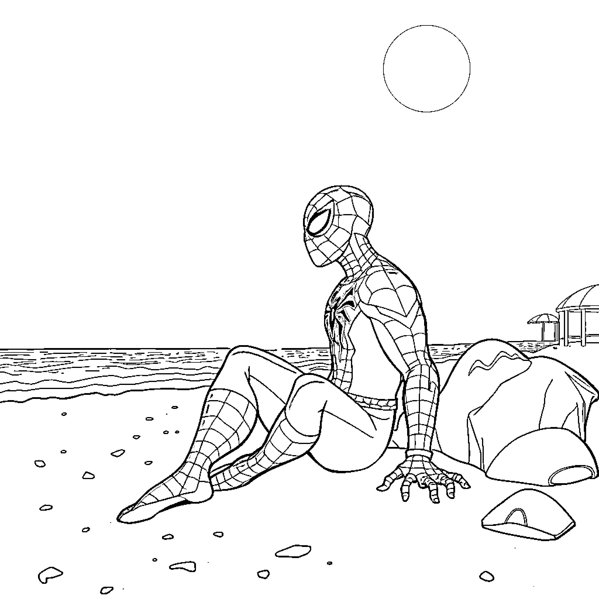 Spiderman resting on the beach Coloring Page (free black-and-white line drawing printable PDF for all, from beginners to advanced learners, including children, teens, adults, and seniors)