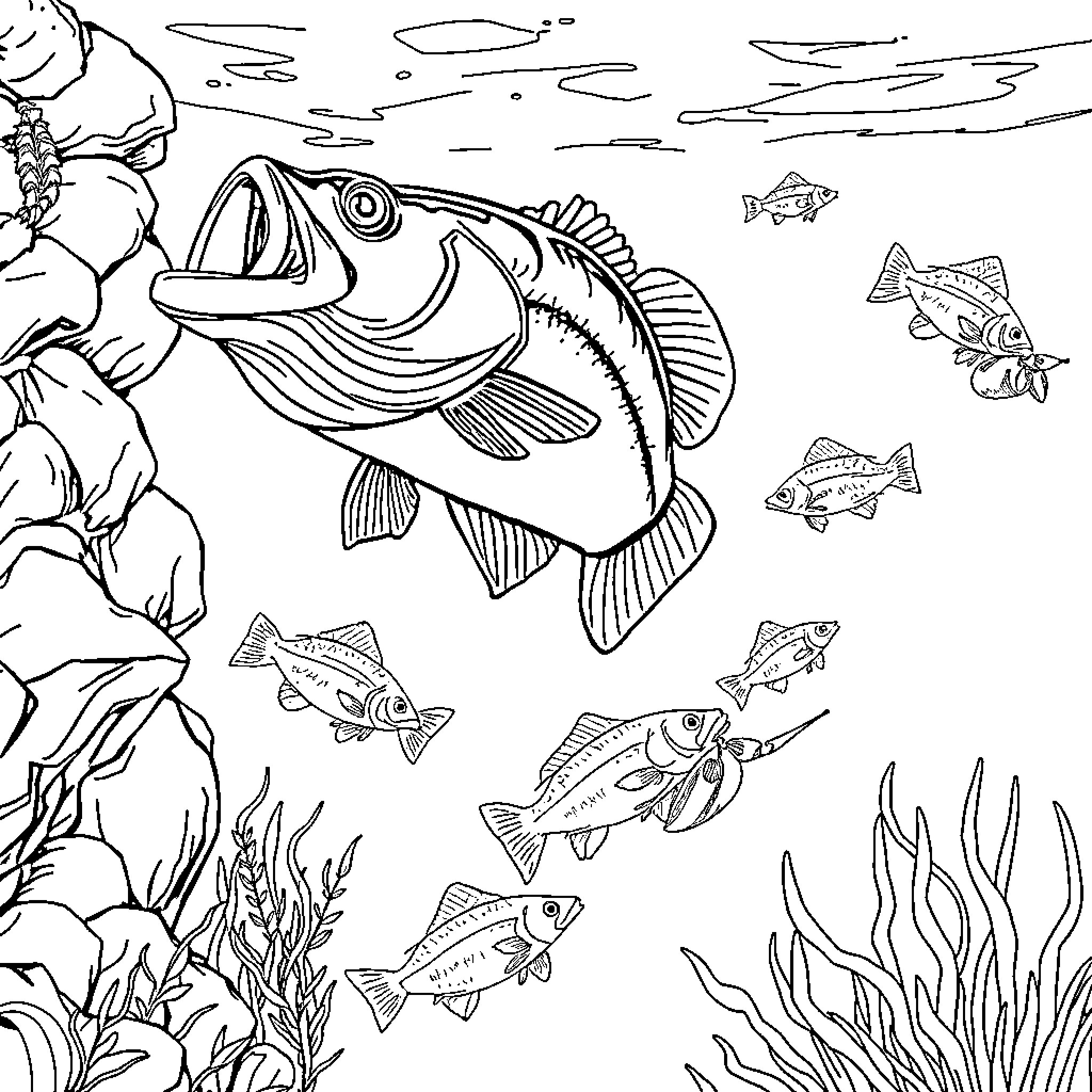 Largemouth Bass swimming in the underwater scene Coloring Page (free black-and-white line drawing printable PDF for all, from beginners to advanced learners, including children, teens, adults, and seniors)