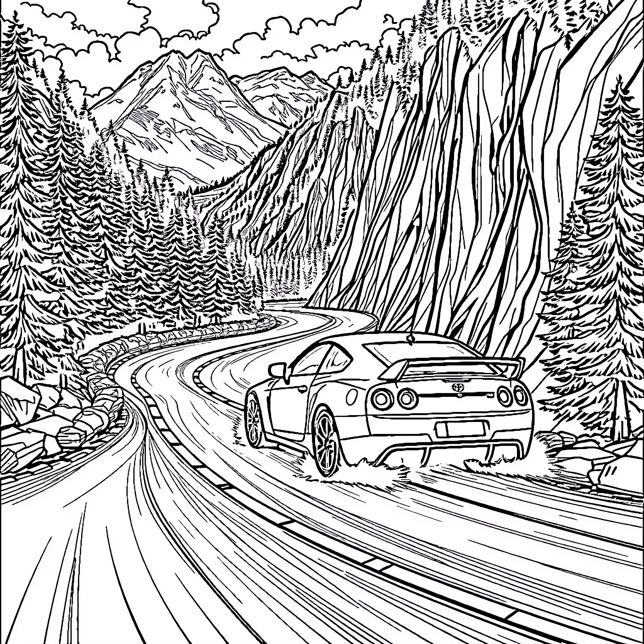 Car speeding through winding mountain road Coloring Page (free black-and-white line drawing printable PDF for all, from beginners to advanced learners, including children, teens, adults, and seniors)