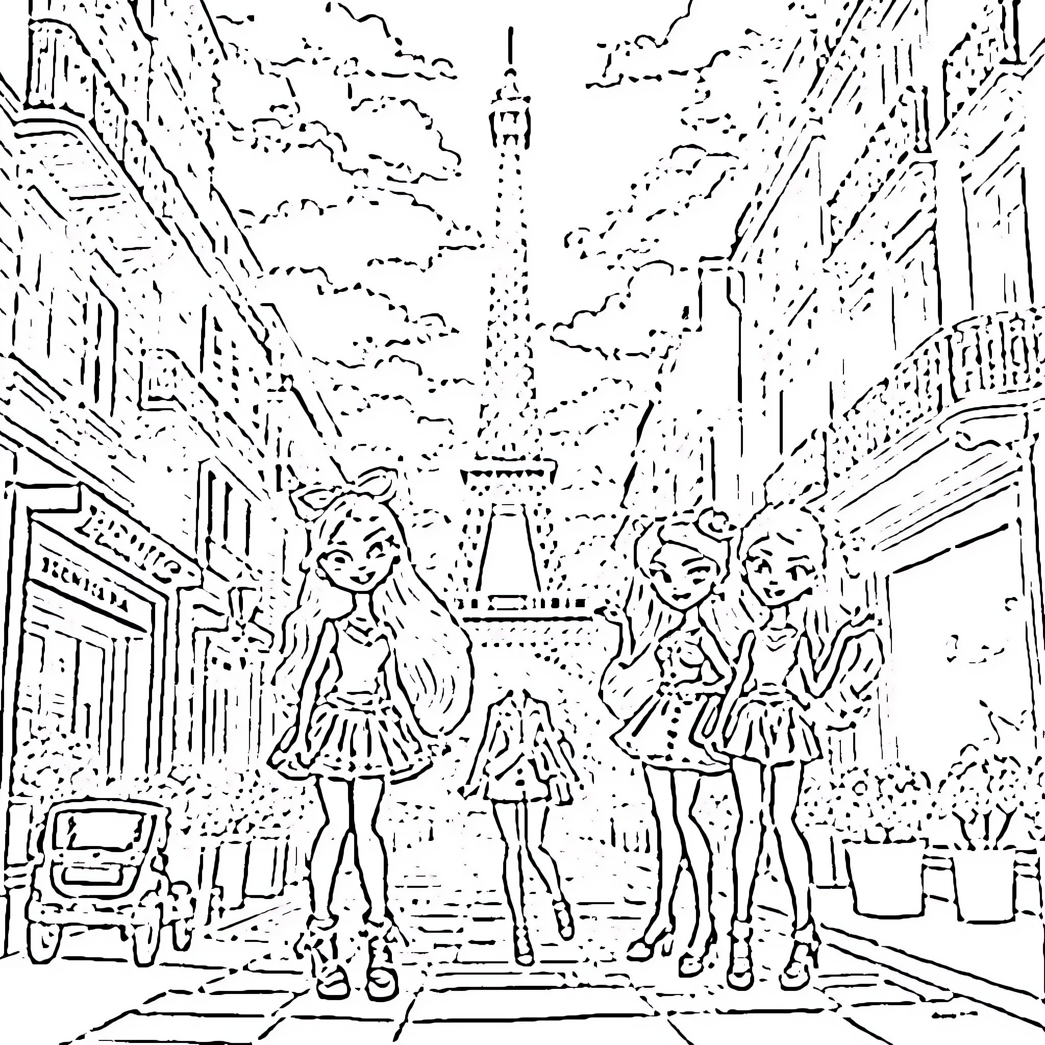 Bratz enjoying a city scene with Eiffel Tower Coloring Page (free black-and-white line drawing printable PDF for all, from beginners to advanced learners, including children, teens, adults, and seniors)