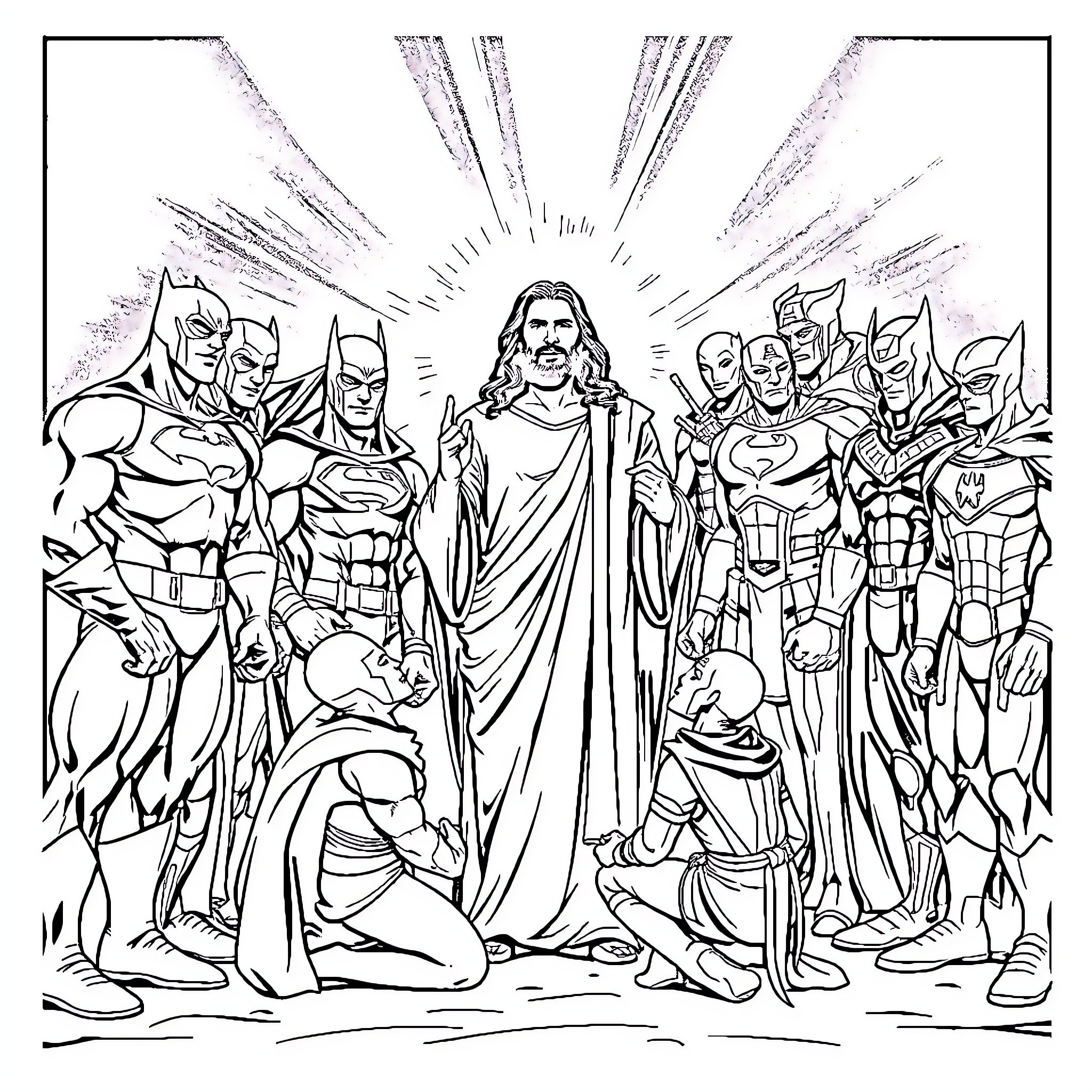 Hero Superheroes Assemble Before Savior Figure Coloring Page (free black-and-white line drawing printable PDF for all, from beginners to advanced learners, including children, teens, adults, and seniors)