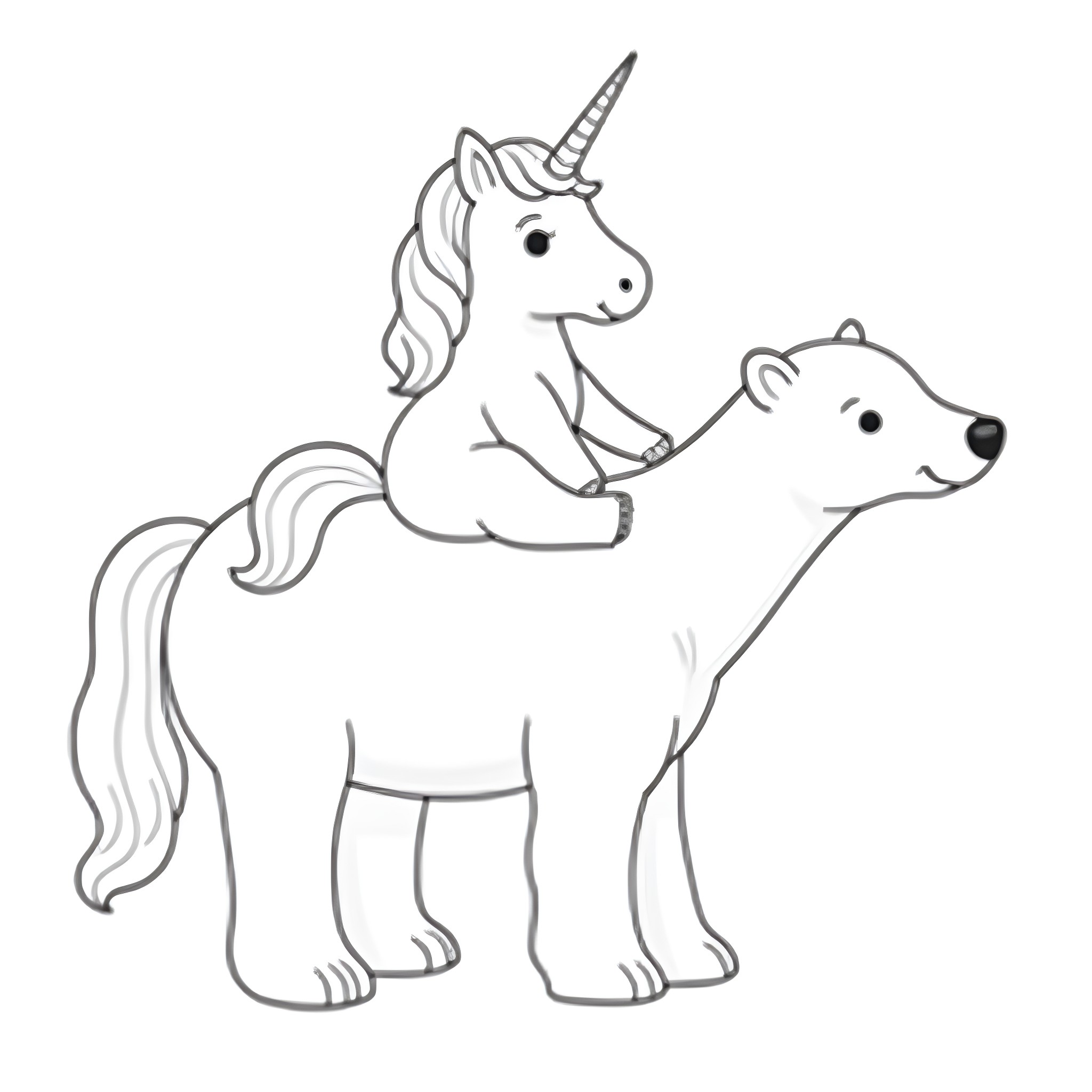Unicorn and Polar Bear Friends Coloring Page (free black-and-white line drawing printable PDF for all, from beginners to advanced learners, including children, teens, adults, and seniors)