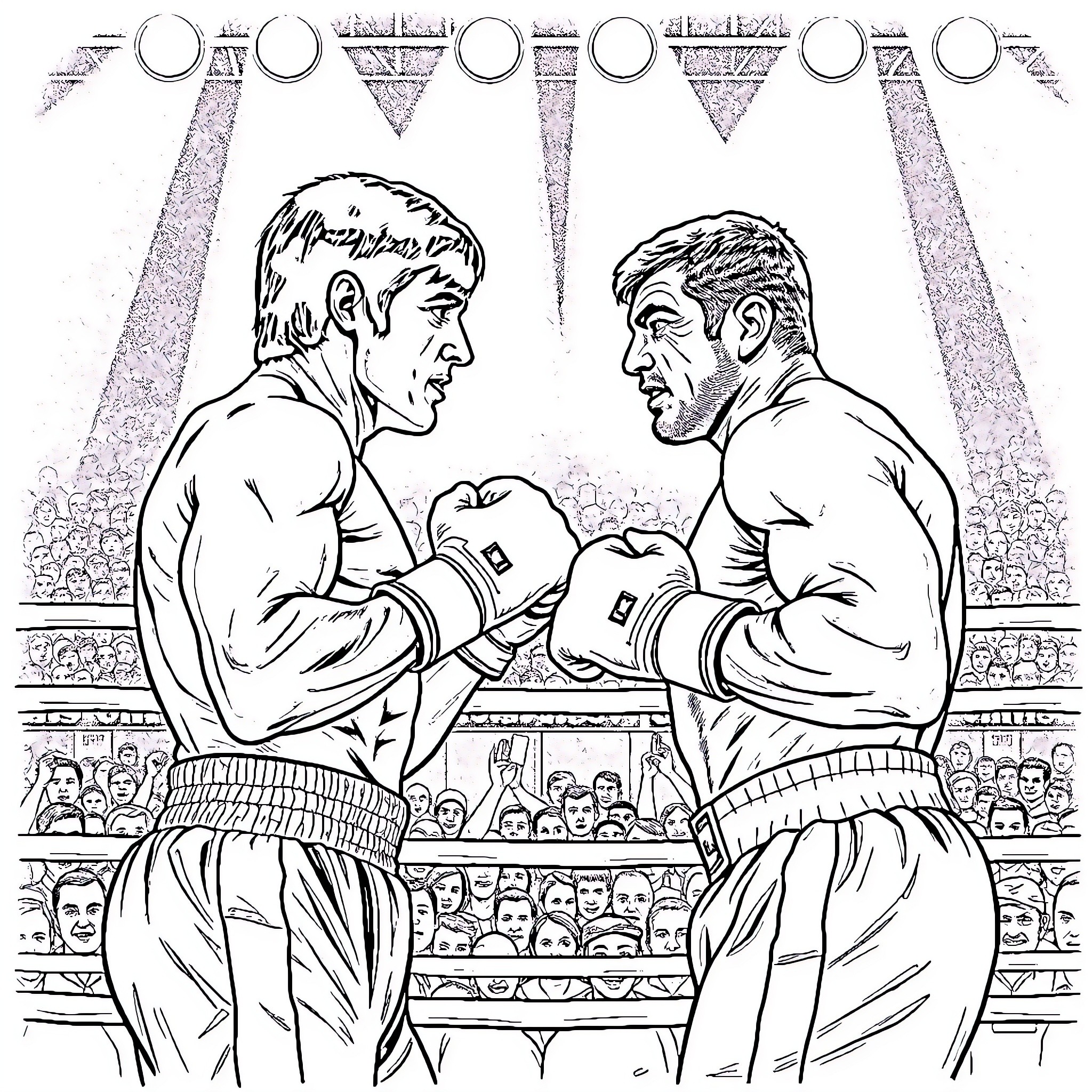 Rocky boxing match with intense expressions Coloring Page (free black-and-white line drawing printable PDF for all, from beginners to advanced learners, including children, teens, adults, and seniors)
