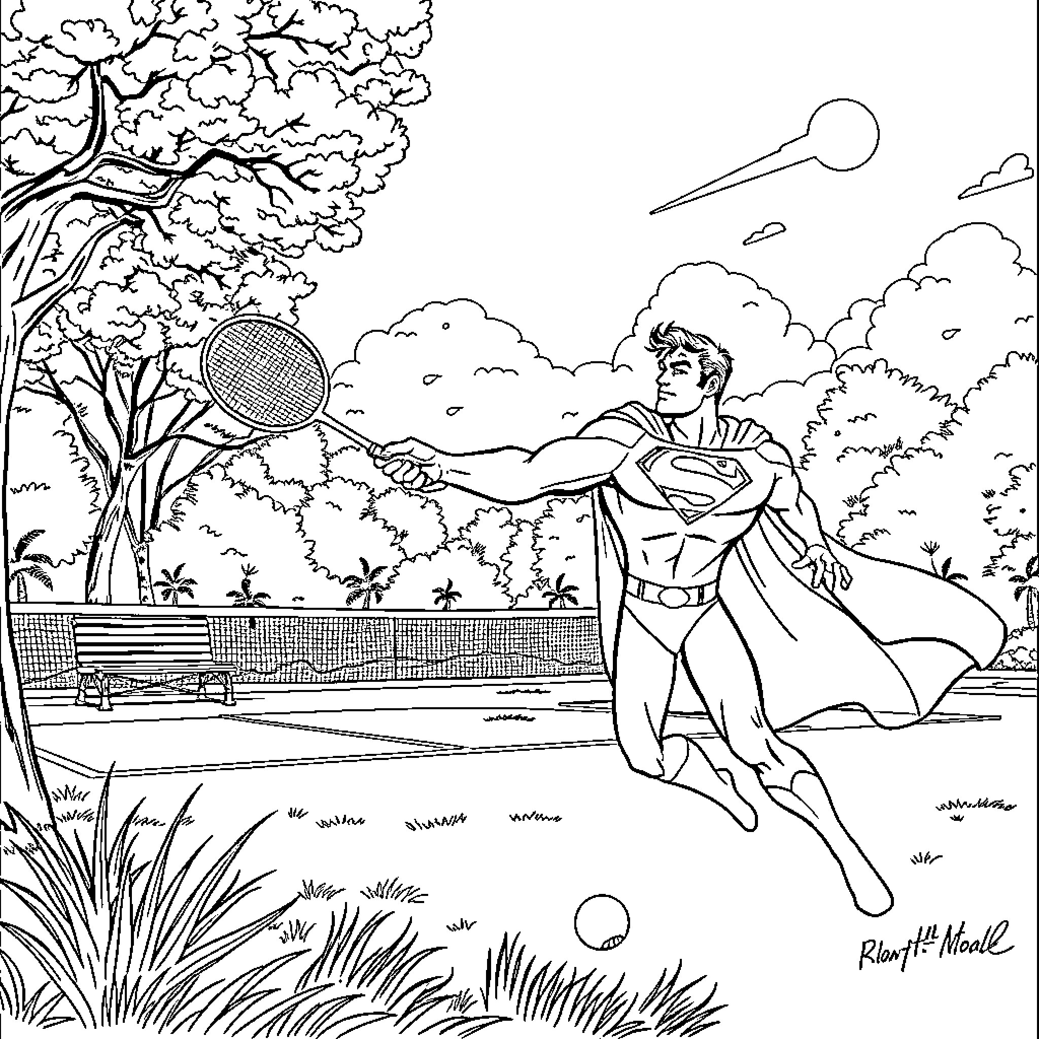 Superman playing tennis on a sunny day Coloring Page (free black-and-white line drawing printable PDF for all, from beginners to advanced learners, including children, teens, adults, and seniors)