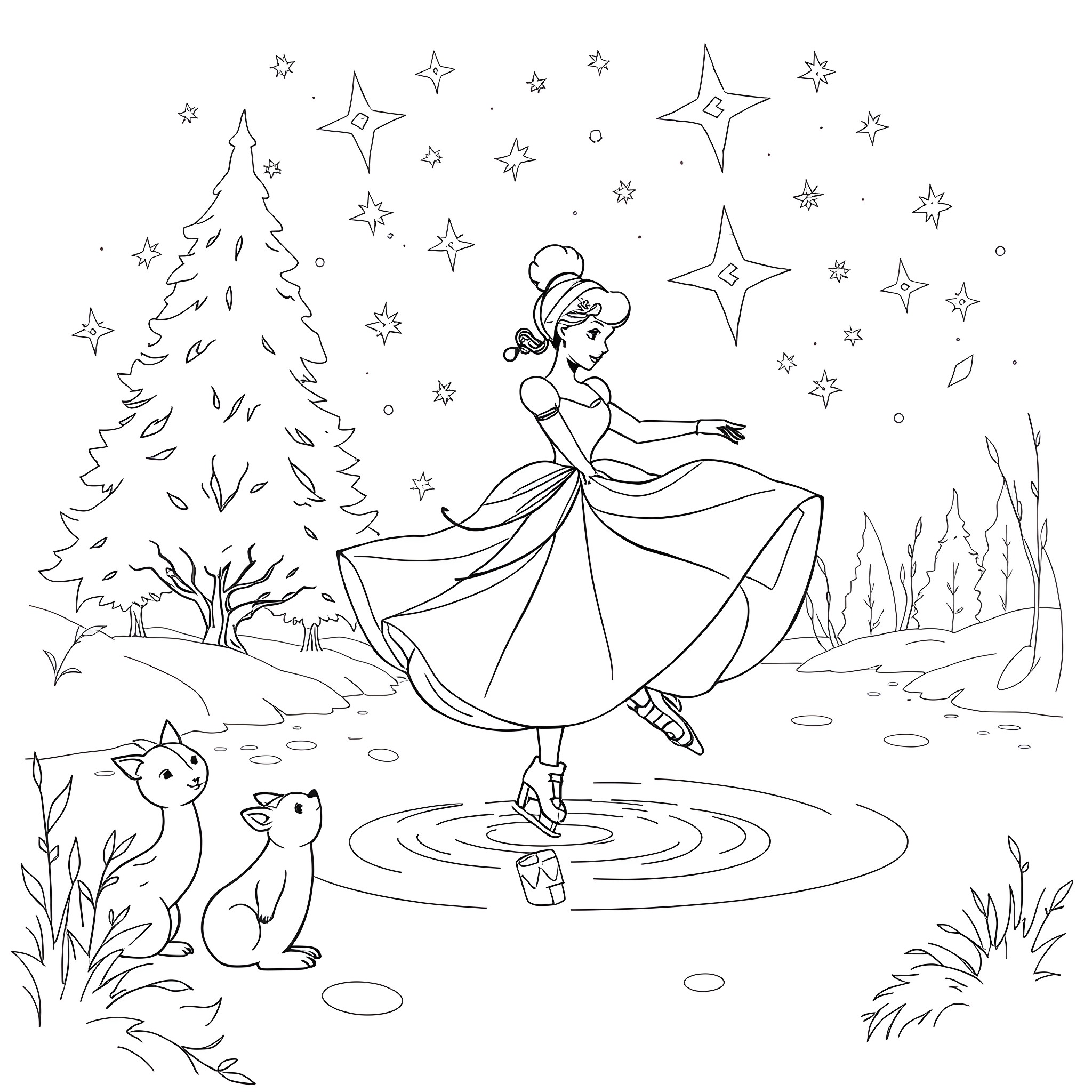 Cinderella dancing in the winter wonderland Coloring Page (free black-and-white line drawing printable PDF for all, from beginners to advanced learners, including children, teens, adults, and seniors)