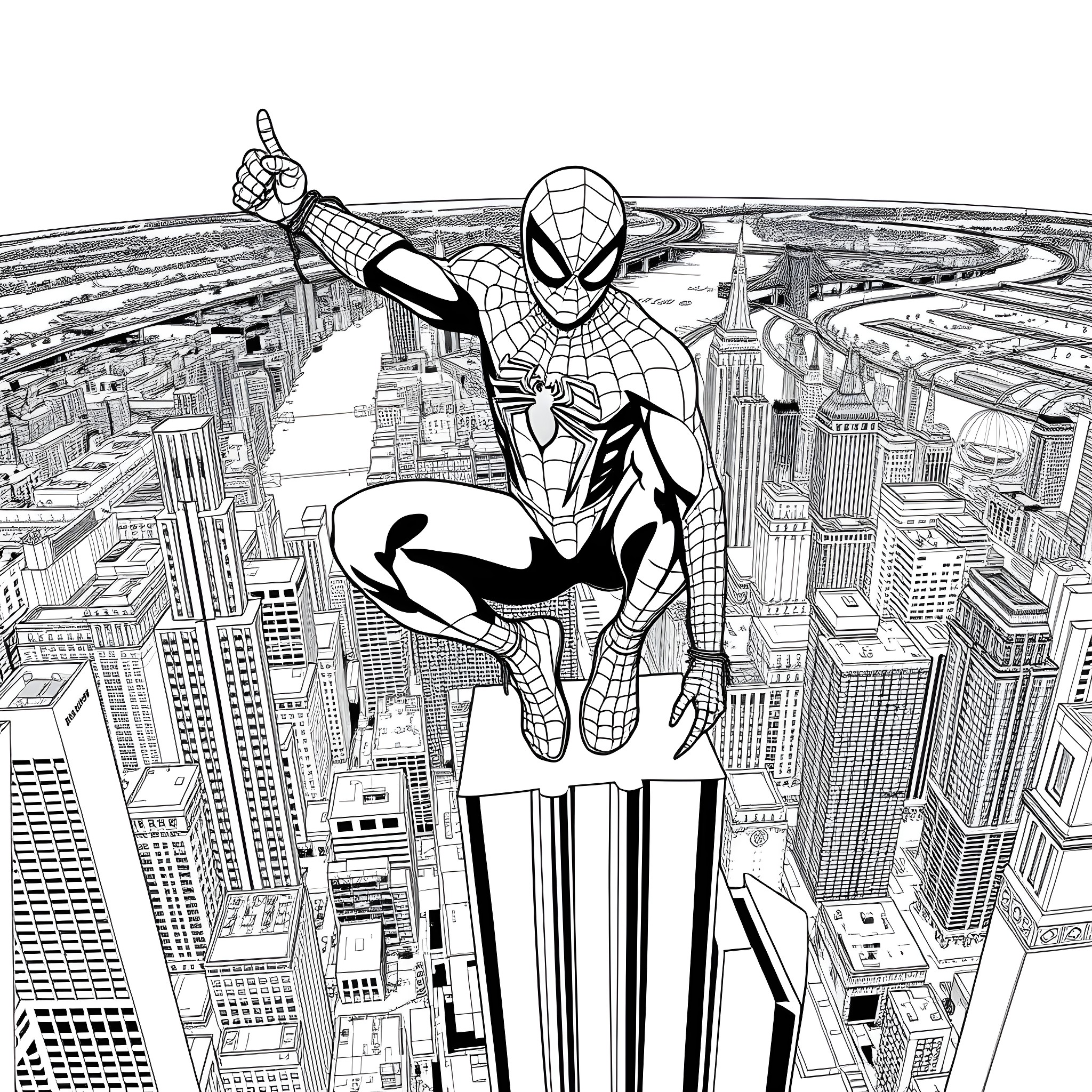 Spiderman swinging through the city skyline Coloring Page (free black-and-white line drawing printable PDF for all, from beginners to advanced learners, including children, teens, adults, and seniors)