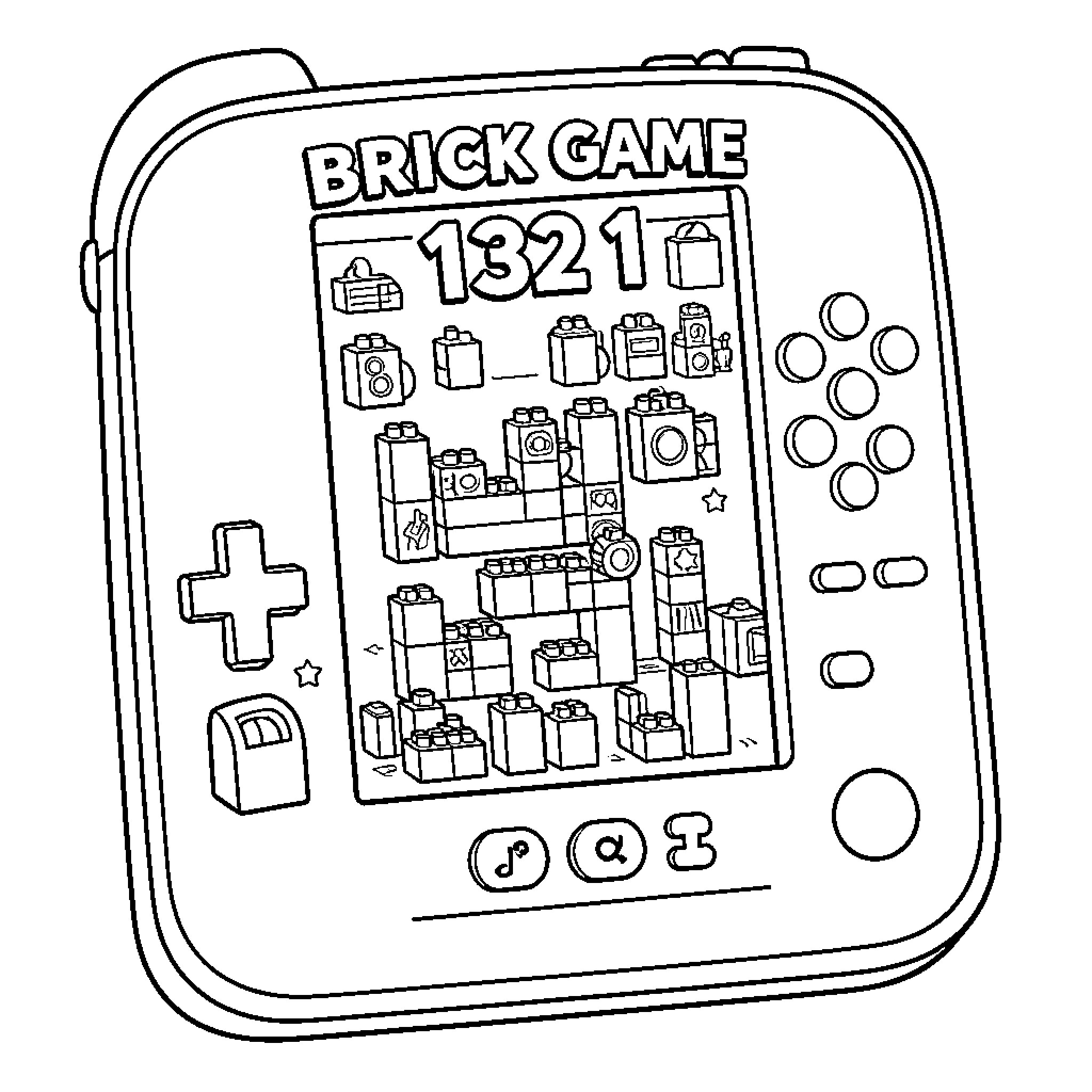 Brick Game Console with Puzzle Layout Coloring Page (free black-and-white line drawing printable PDF for all, from beginners to advanced learners, including children, teens, adults, and seniors)