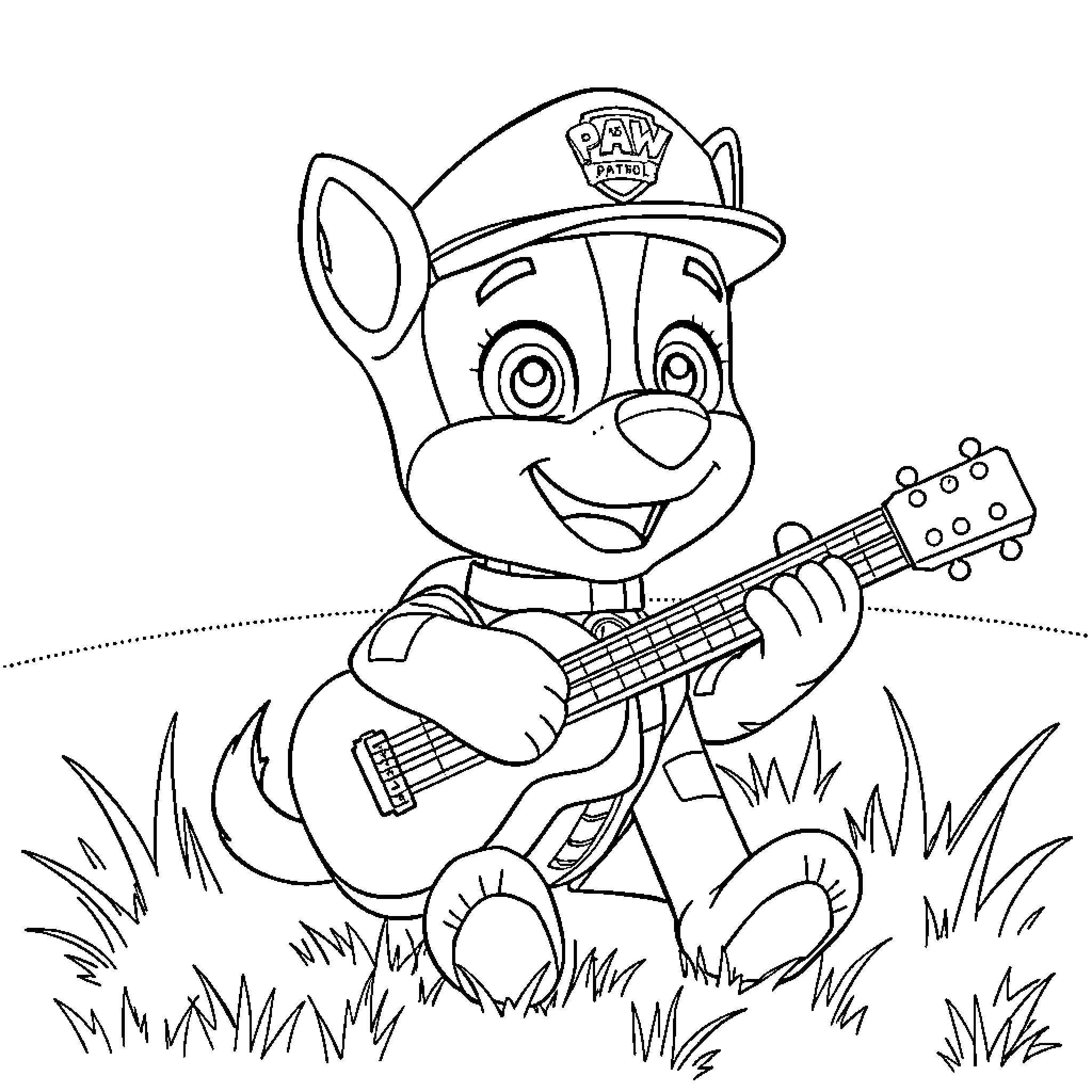 Chase the Pup's Musical Adventure Coloring Page (free black-and-white line drawing printable PDF for all, from beginners to advanced learners, including children, teens, adults, and seniors)