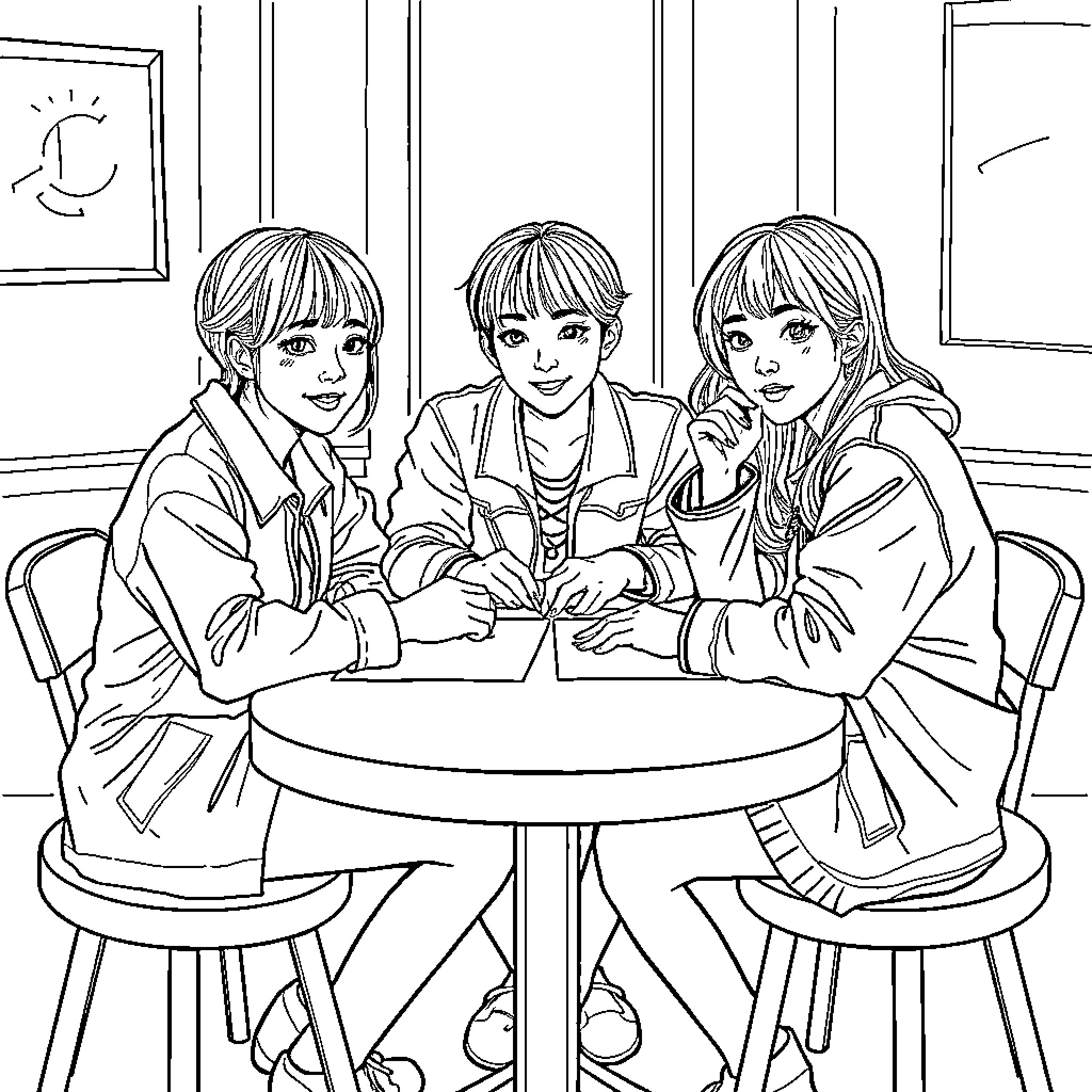 K Pop Idols Chatting and Bonding in Casual Outfits Coloring Page (free black-and-white line drawing printable PDF for all, from beginners to advanced learners, including children, teens, adults, and seniors)