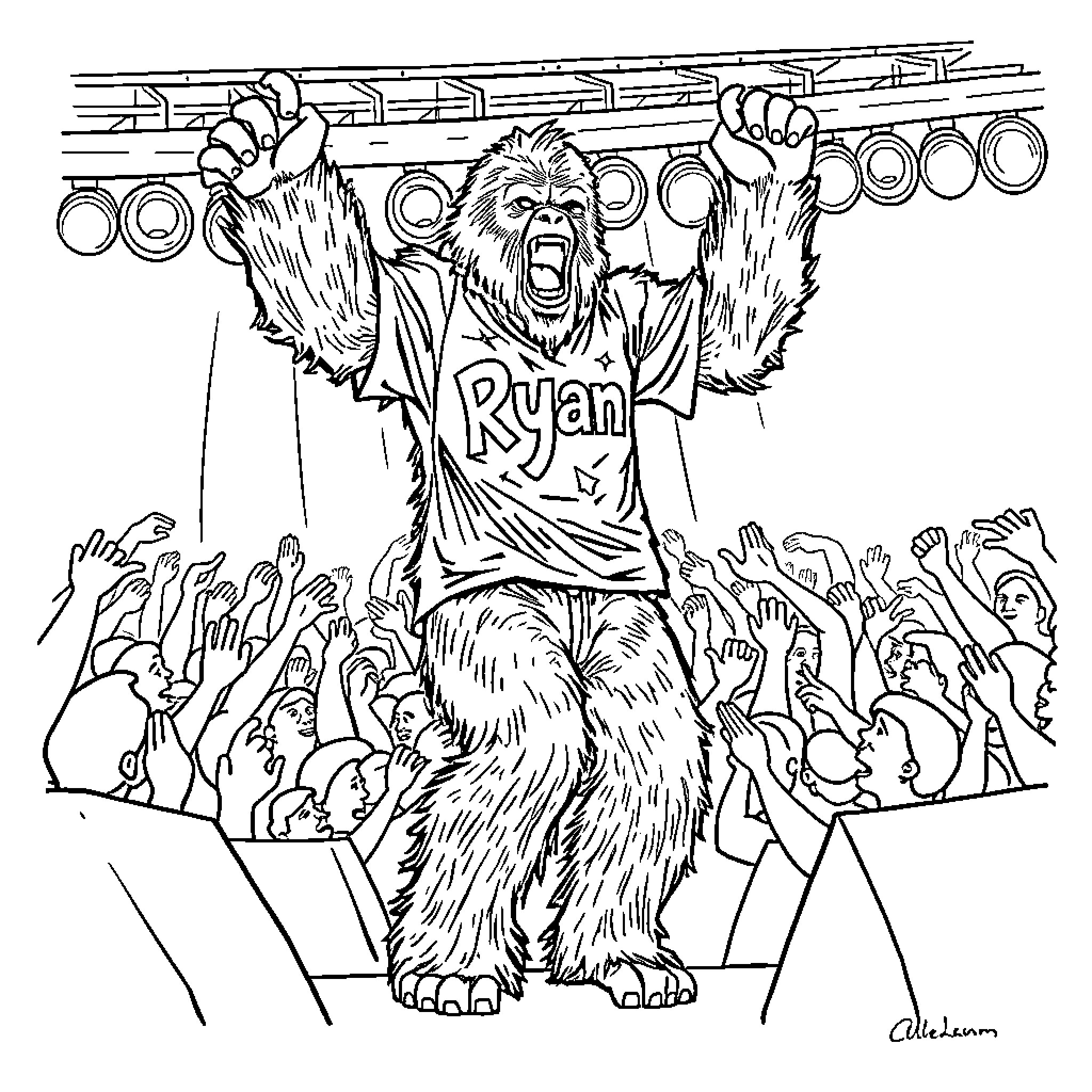 Sasquatch cheering and celebrating with crowd Coloring Page (free black-and-white line drawing printable PDF for all, from beginners to advanced learners, including children, teens, adults, and seniors)