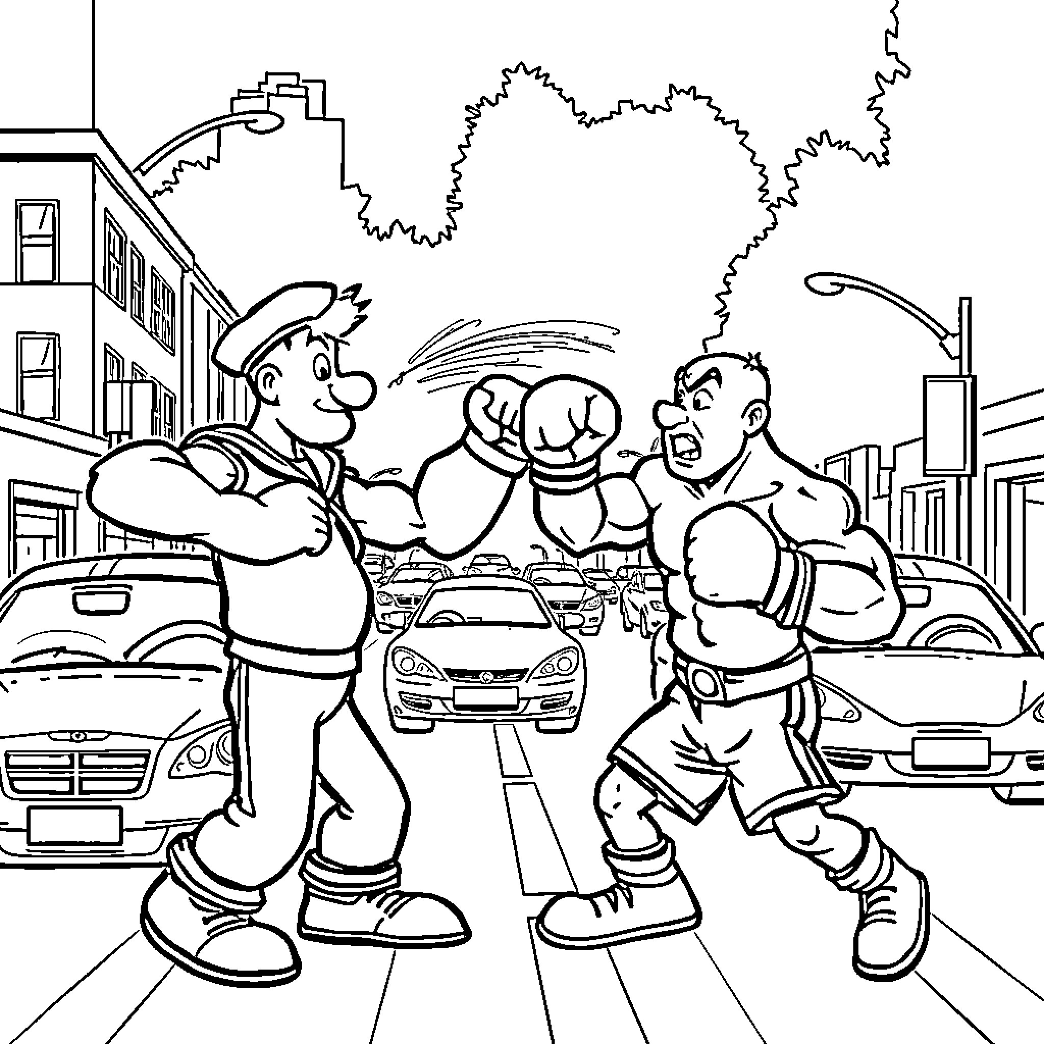 Popeye street fight with two muscular men Coloring Page (free black-and-white line drawing printable PDF for all, from beginners to advanced learners, including children, teens, adults, and seniors)