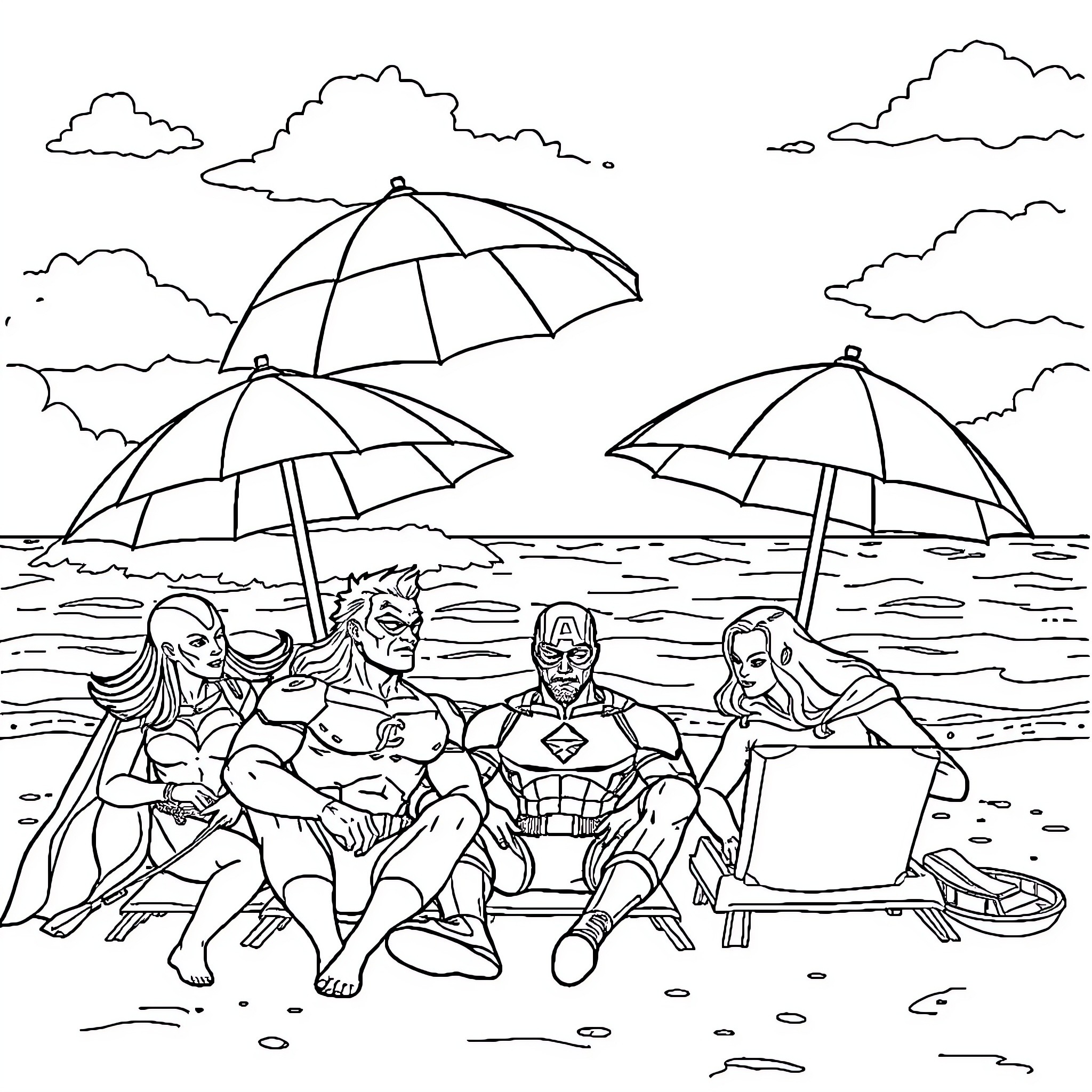 Avengers Relaxing on the Beach Coloring Page (free black-and-white line drawing printable PDF for all, from beginners to advanced learners, including children, teens, adults, and seniors)