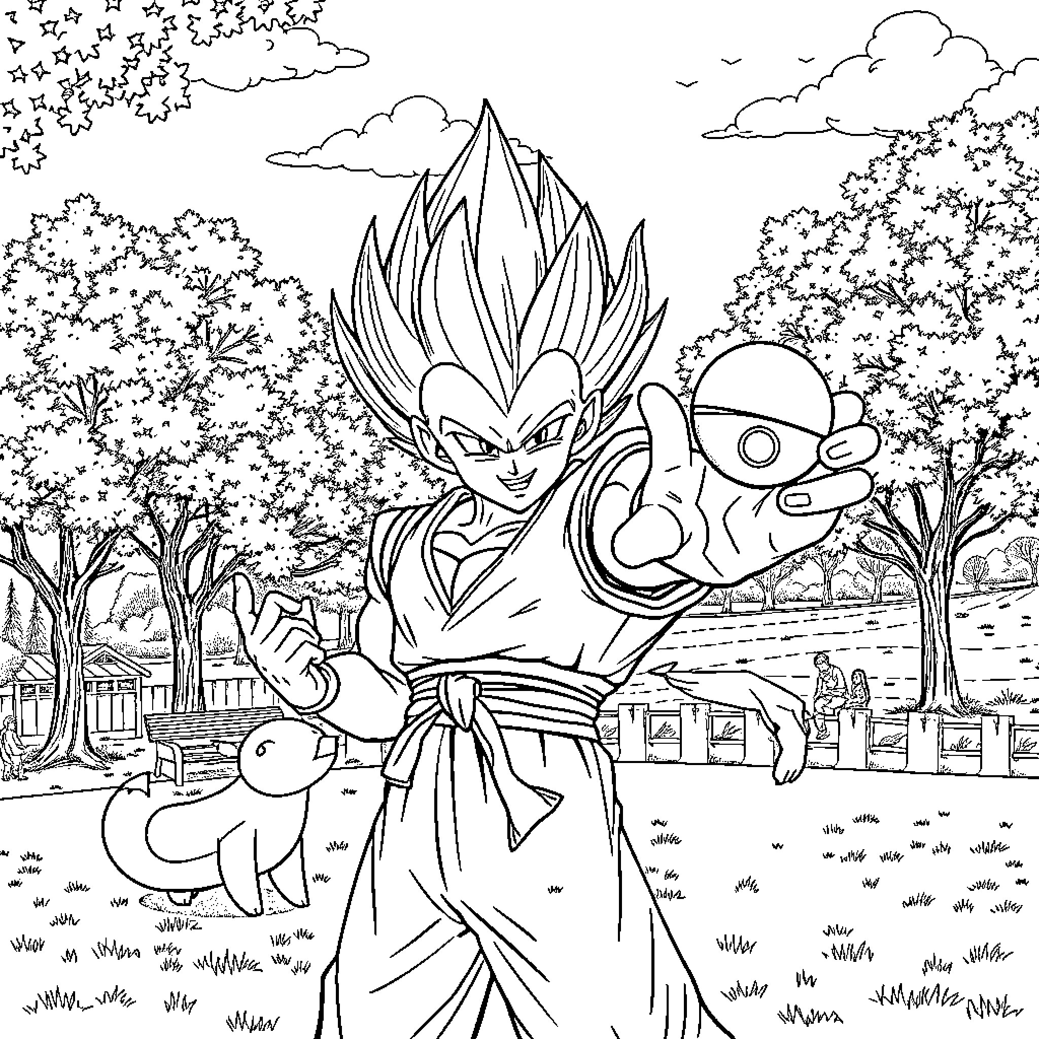 Vegeta's Powerful Stance in Scenic Landscape Coloring Page (free black-and-white line drawing printable PDF for all, from beginners to advanced learners, including children, teens, adults, and seniors)