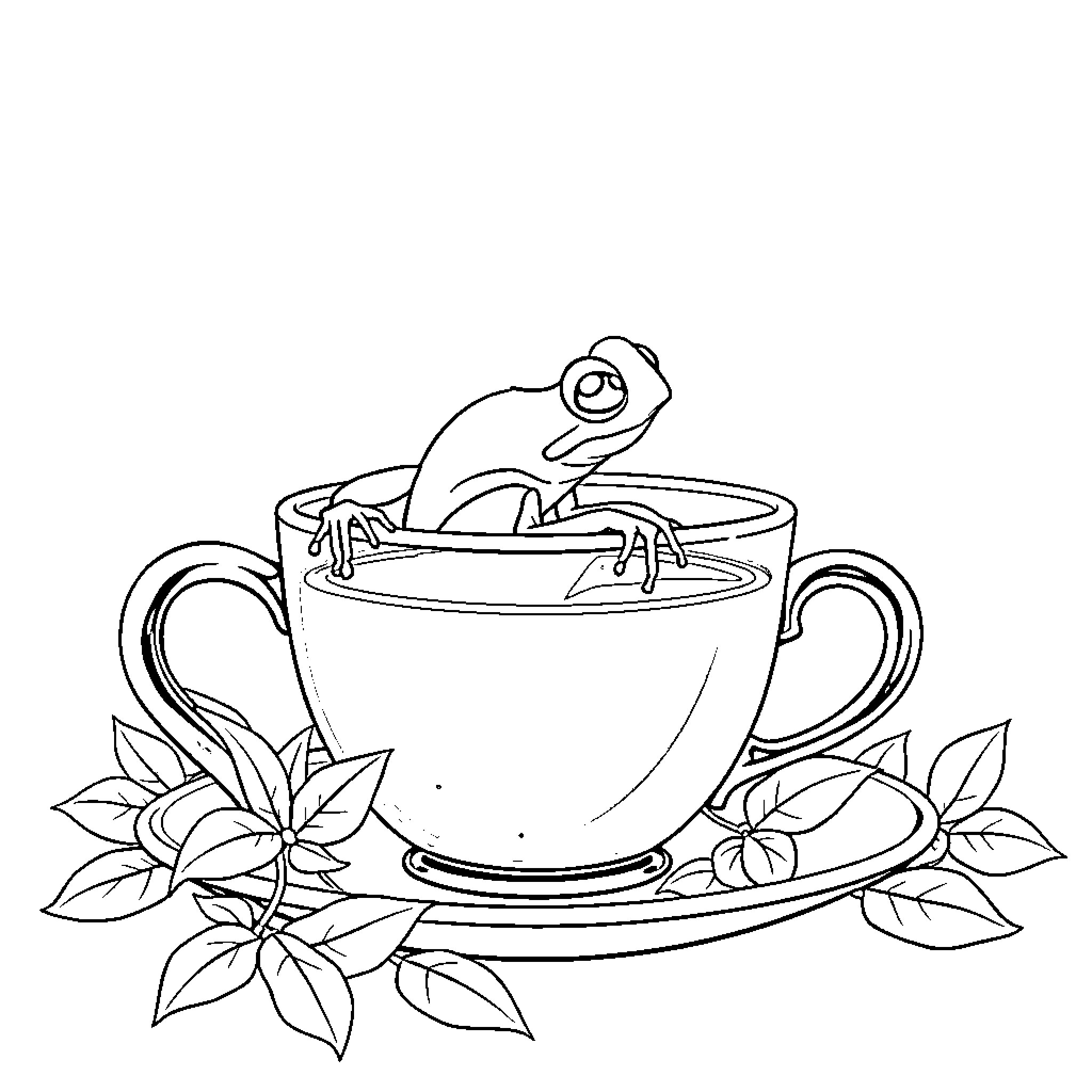 Frog relaxing in a cozy teacup Coloring Page (free black-and-white line drawing printable PDF for all, from beginners to advanced learners, including children, teens, adults, and seniors)