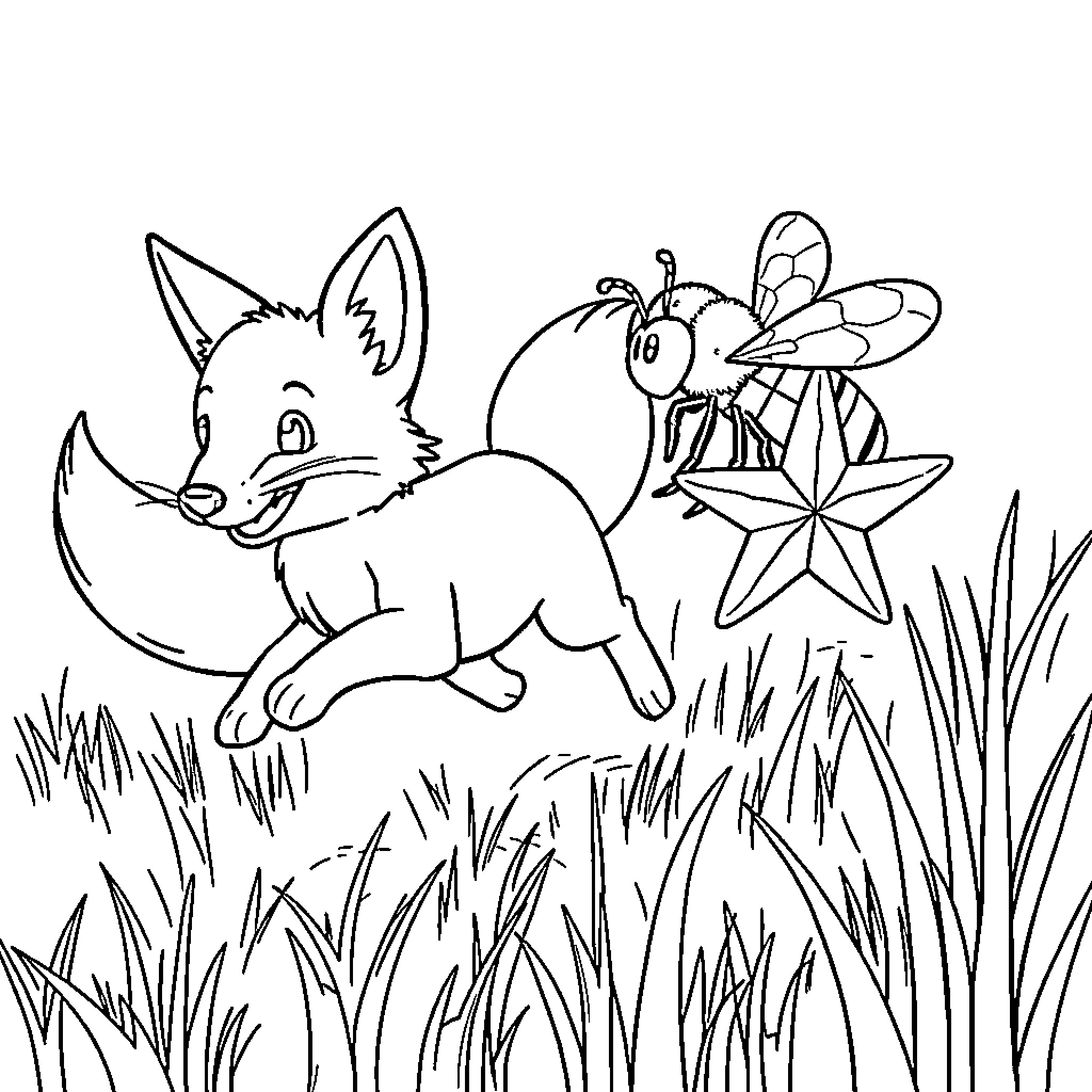 Fox exploring nature with curious insect friend Coloring Page (free black-and-white line drawing printable PDF for all, from beginners to advanced learners, including children, teens, adults, and seniors)