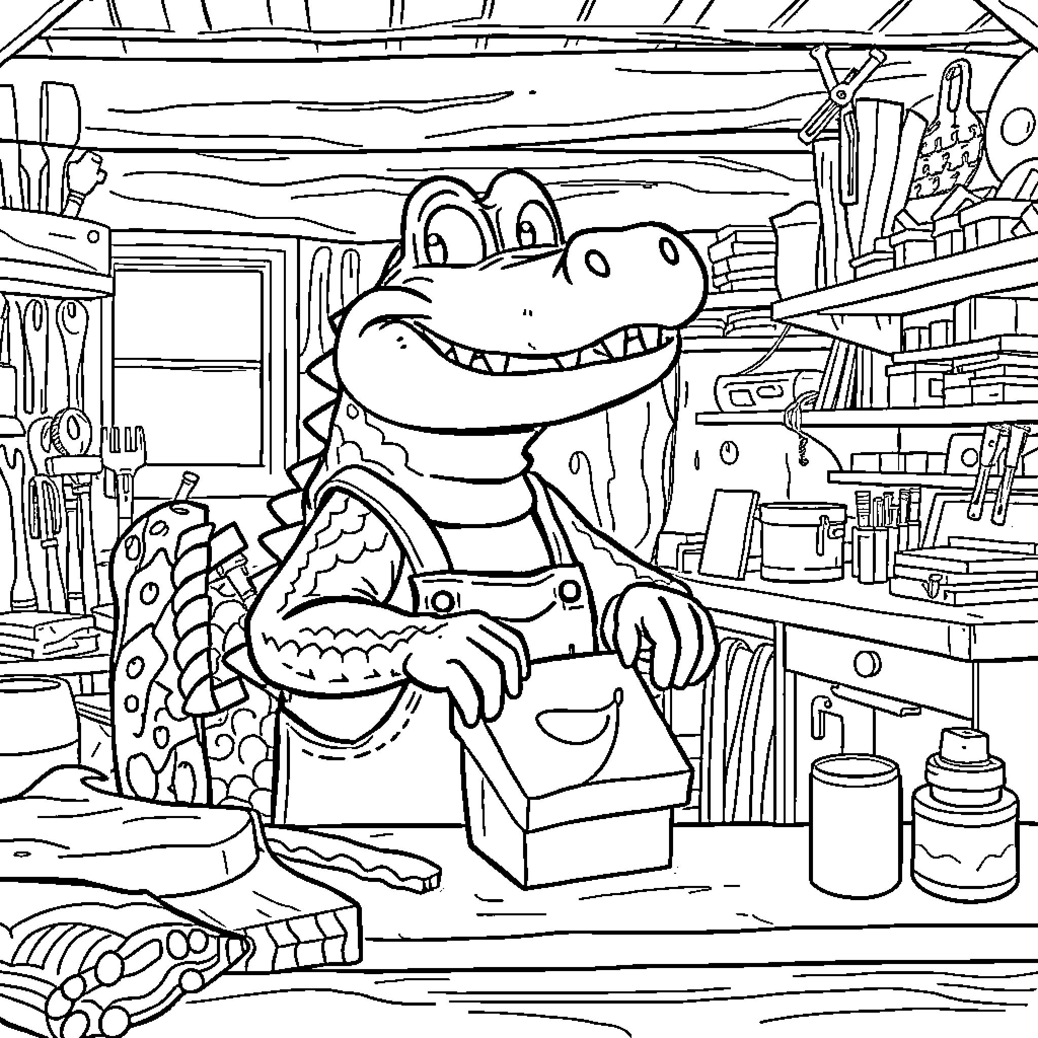 Alligator working in a cluttered workshop Coloring Page (free black-and-white line drawing printable PDF for all, from beginners to advanced learners, including children, teens, adults, and seniors)