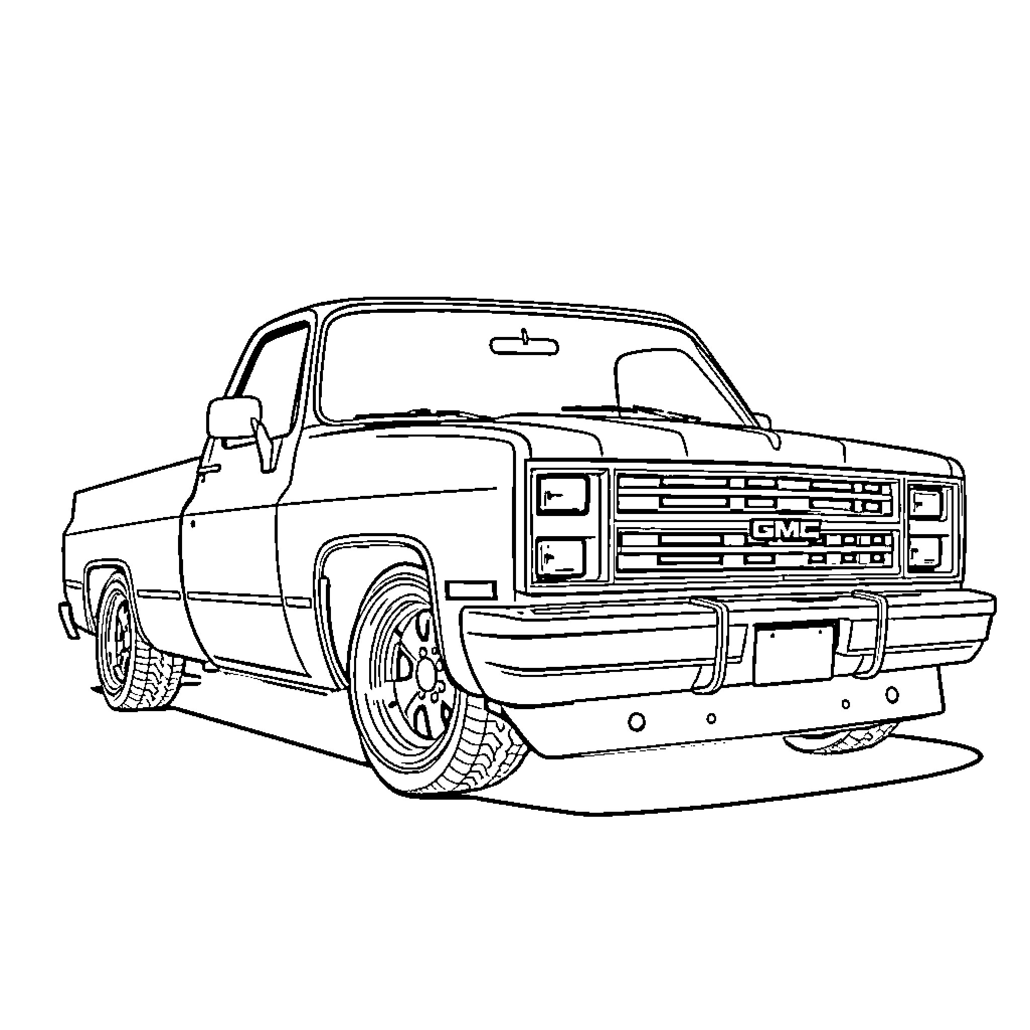 GMC Sierra pickup truck on the road Coloring Page (free black-and-white line drawing printable PDF for all, from beginners to advanced learners, including children, teens, adults, and seniors)