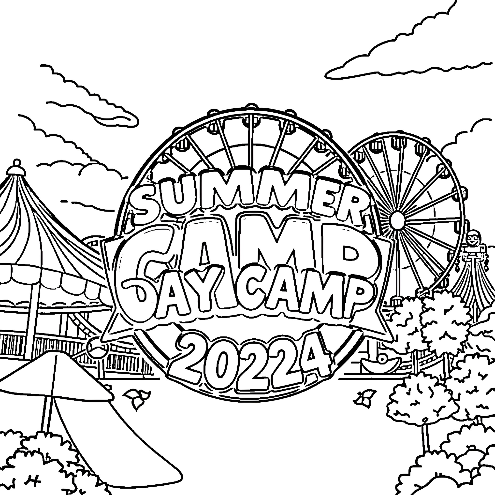 Camp Summer Day Camp 2022 Coloring Page (free black-and-white line drawing printable PDF for all, from beginners to advanced learners, including children, teens, adults, and seniors)