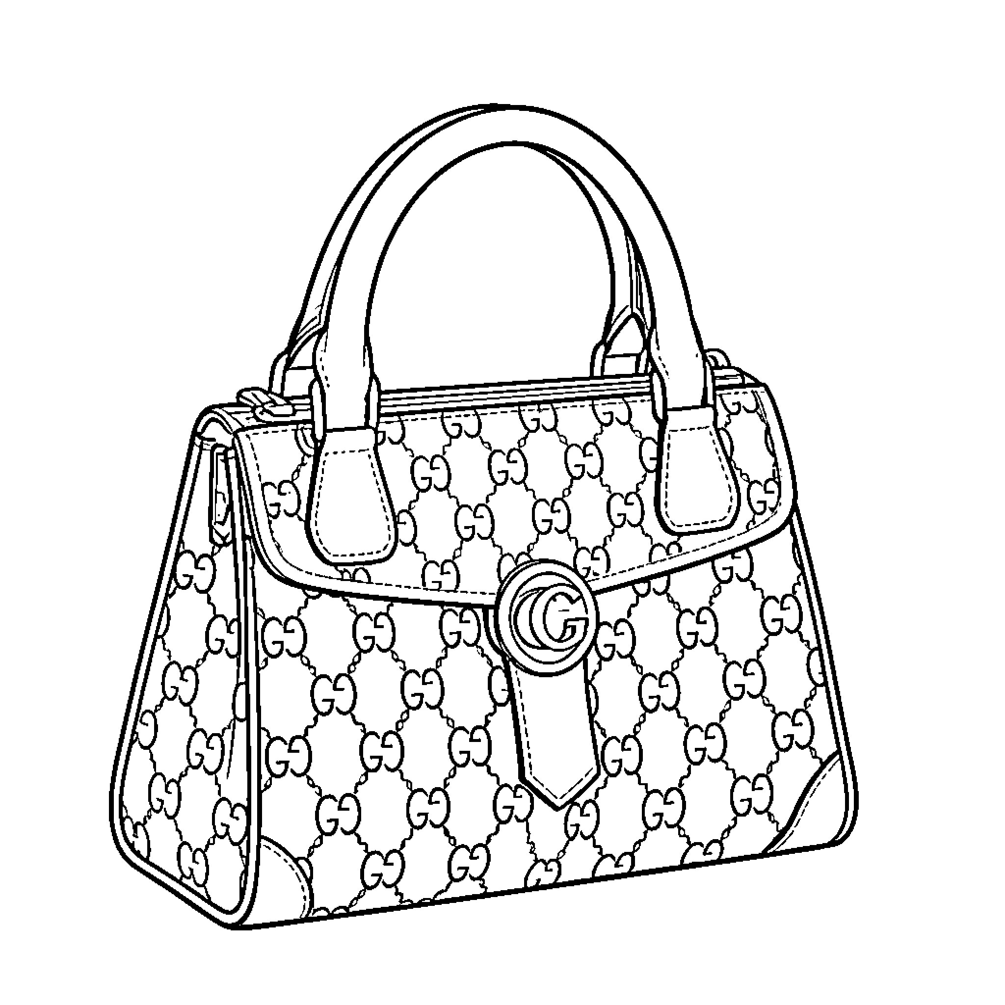 Gucci Bag featuring a classic designer pattern Coloring Page (free black-and-white line drawing printable PDF for all, from beginners to advanced learners, including children, teens, adults, and seniors)